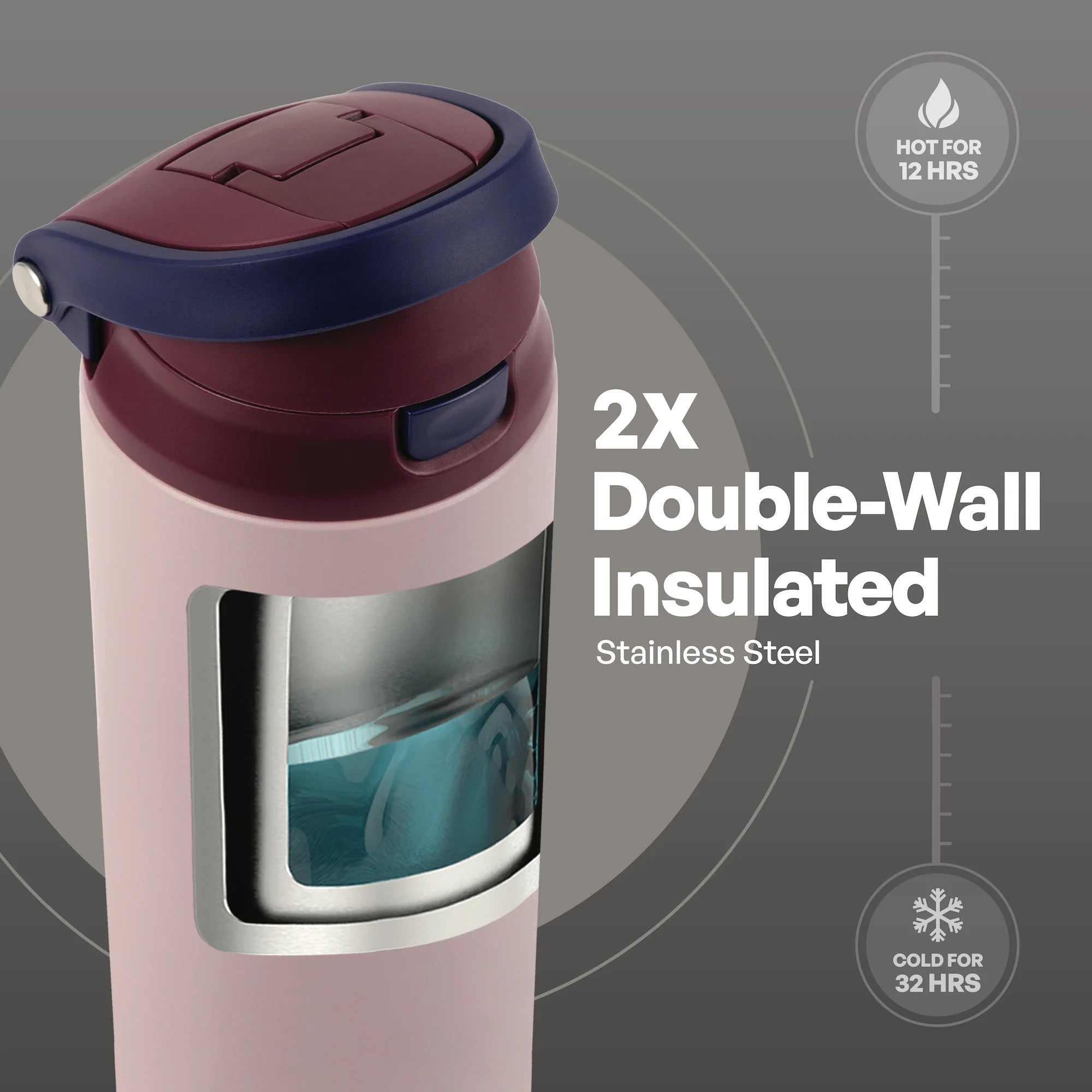 Stainless Steel 2-In-1 Straw and Chug Water Bottle with Push Lid 24 Fl Oz, Mauve