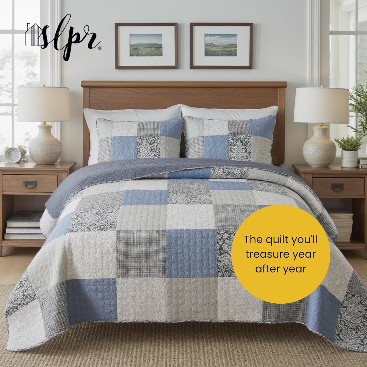 Sweet Dreams Cotton Quilt Set - King Size with 2 Shams, Pieced Patchwork Bedding in Blue and Gray, Country Style Farmhouse Quilted Bedspread