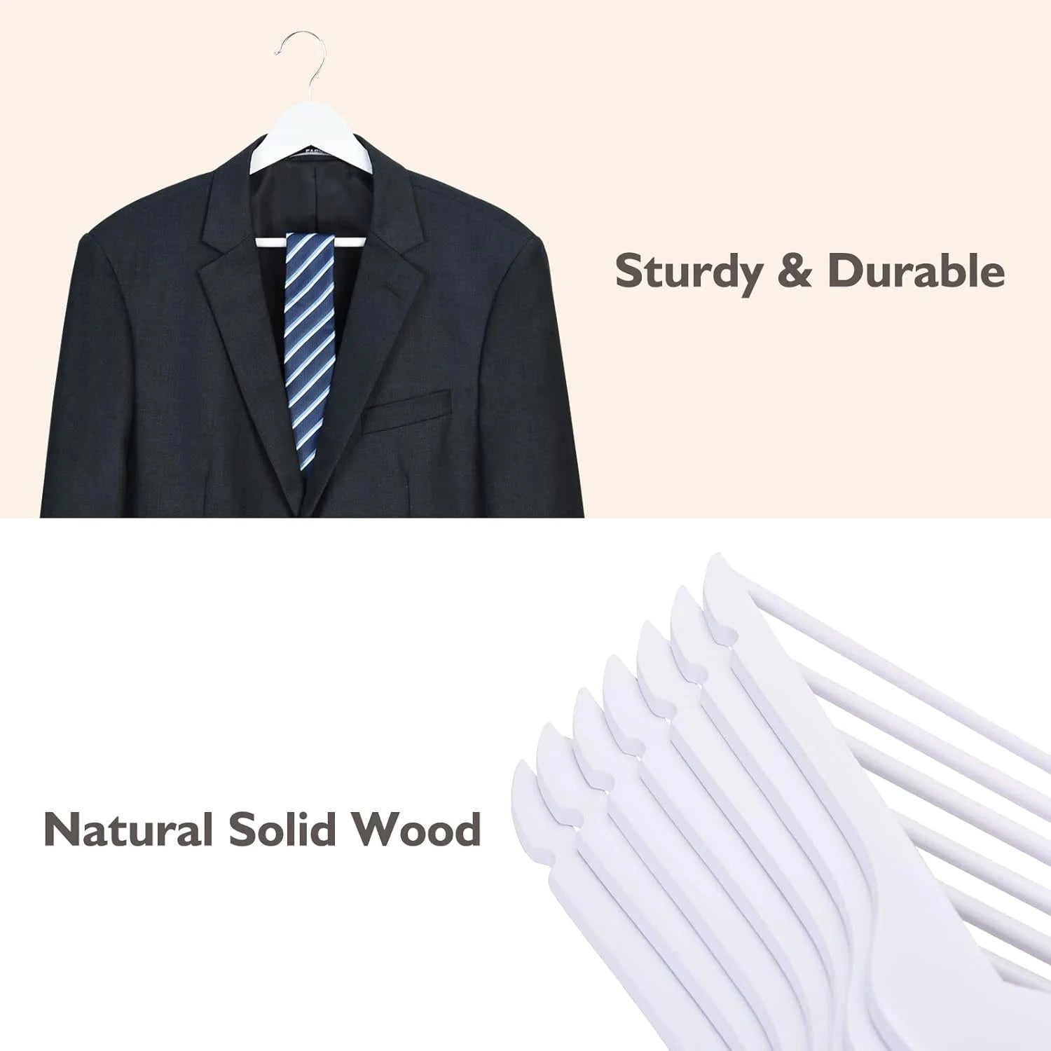White Wooden Hangers 20 Pack, Natural Solid Wood Hangers with Smooth Finish, Non-Slip Pant Bar & 360° Swivel Hook