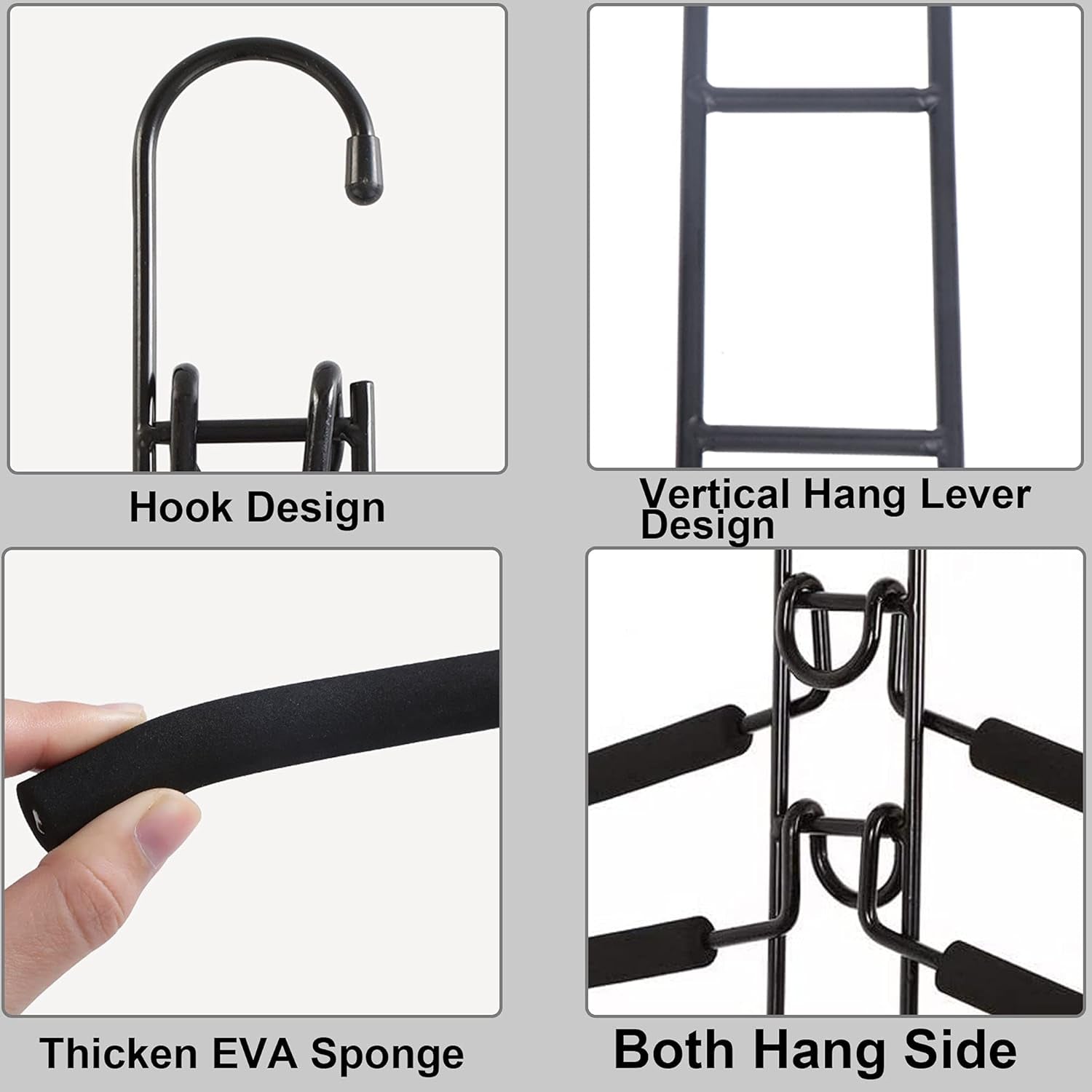 Coat Hanger, 5 in 1 Anti-Slip Clothes Racks, Space Saving Clothes Hanging Holder, Blouse Hanger Closet Storage Organizer, Multi Layers Wardrobe Clothes Rack (4 Pack, Black)