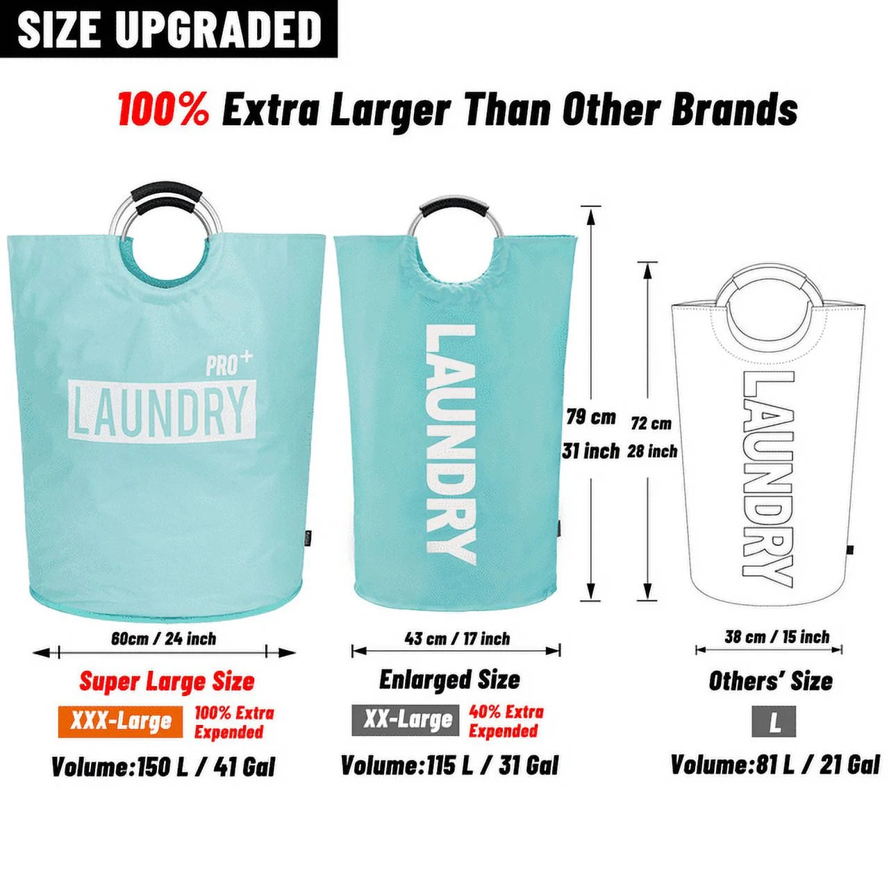 Super Large 150L Laundry Hamper Pro, Waterproof Laundry Basket, Clothes Hamper Stands up Well, Laundry Bag with Padded Handles, Collapsible Laundry Basket Easy Storage (Light Blue)