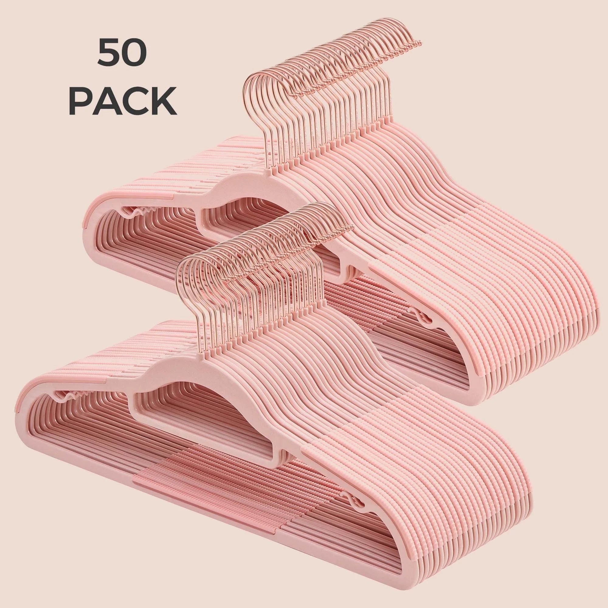 50 Pack Coat Hangers Non-Slip Clothes Hangers Space-Saving Plastic Hangers 360°Swivel Rose Gold Hook Light Pink