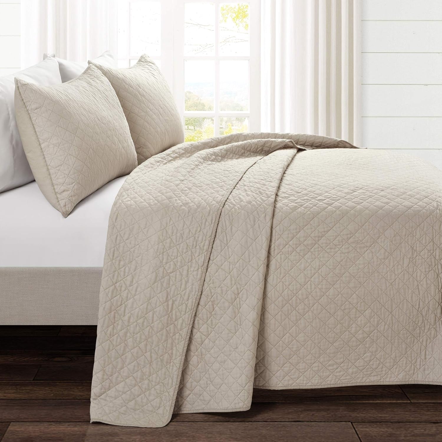 Ava Quilt Diamond Pattern Solid 3 Piece Oversized Bedding Blanket Bedspread Set - King - Neutral