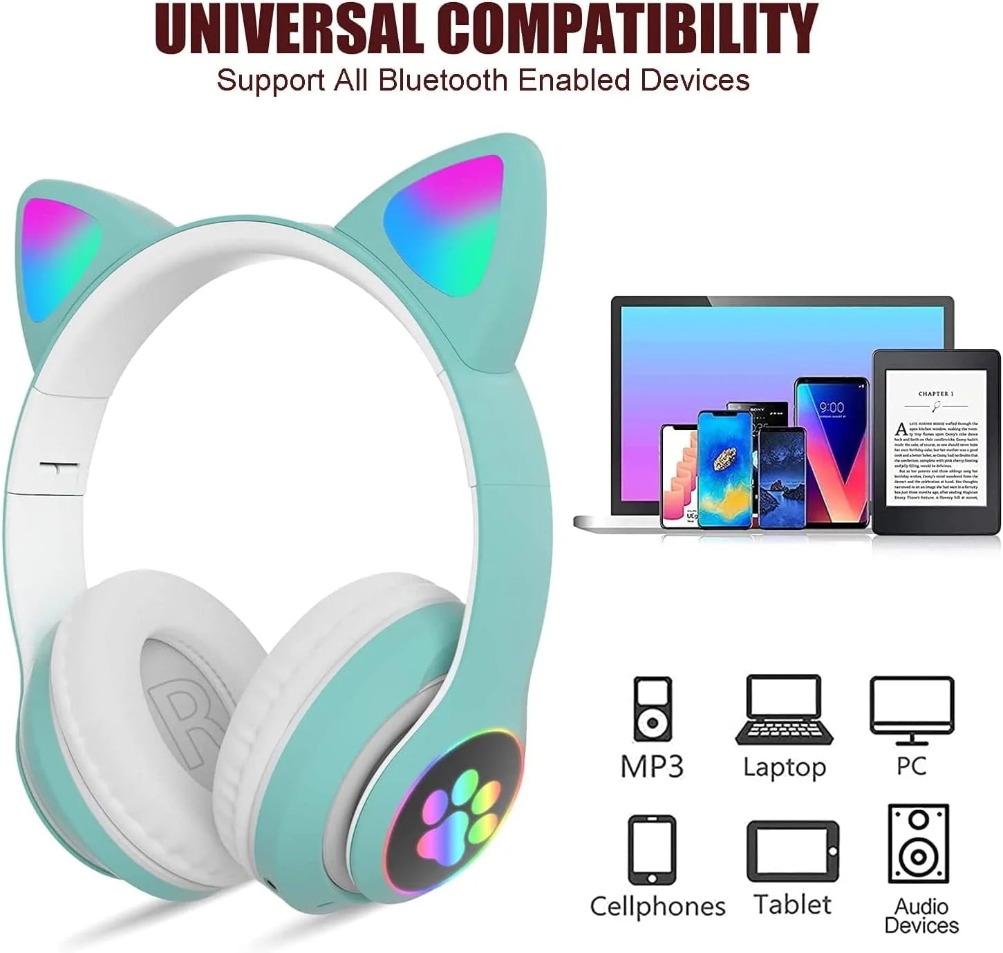 Kids Headphones with Microphone/Rgb LED Light Up, Cat Ear Bluetooth Headphones, Foldable Stereo Over-Ear Headphones for Kids Tablet/School/Pad/Smartphone, Xmas Gift (Green)