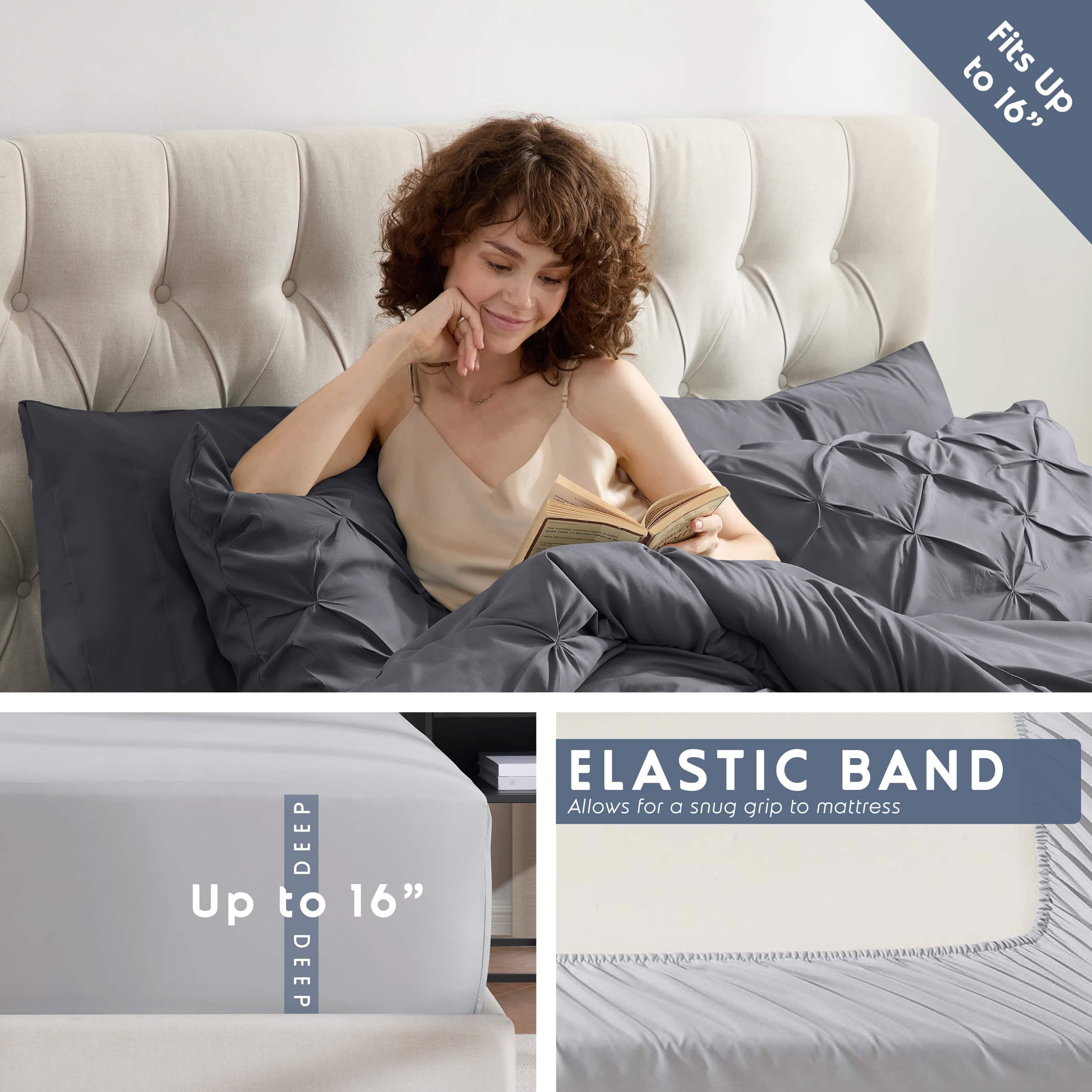 Virtu California King Comforter Set, Bed in a Bag 7 Pc Pleated Bedding Set, Dark Grey