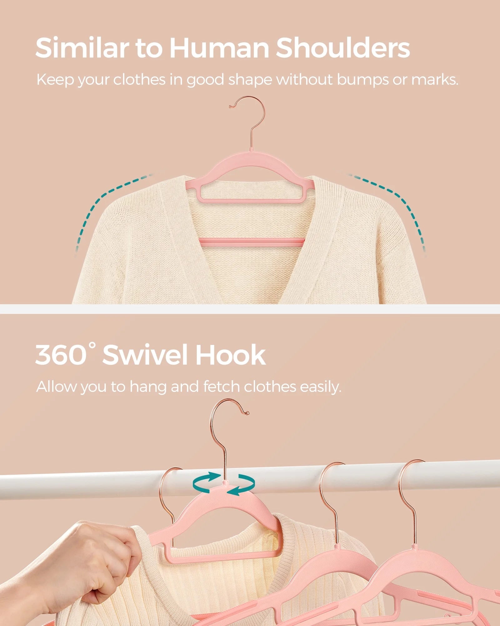 50 Pack Coat Hangers Non-Slip Clothes Hangers Space-Saving Plastic Hangers 360°Swivel Rose Gold Hook Light Pink