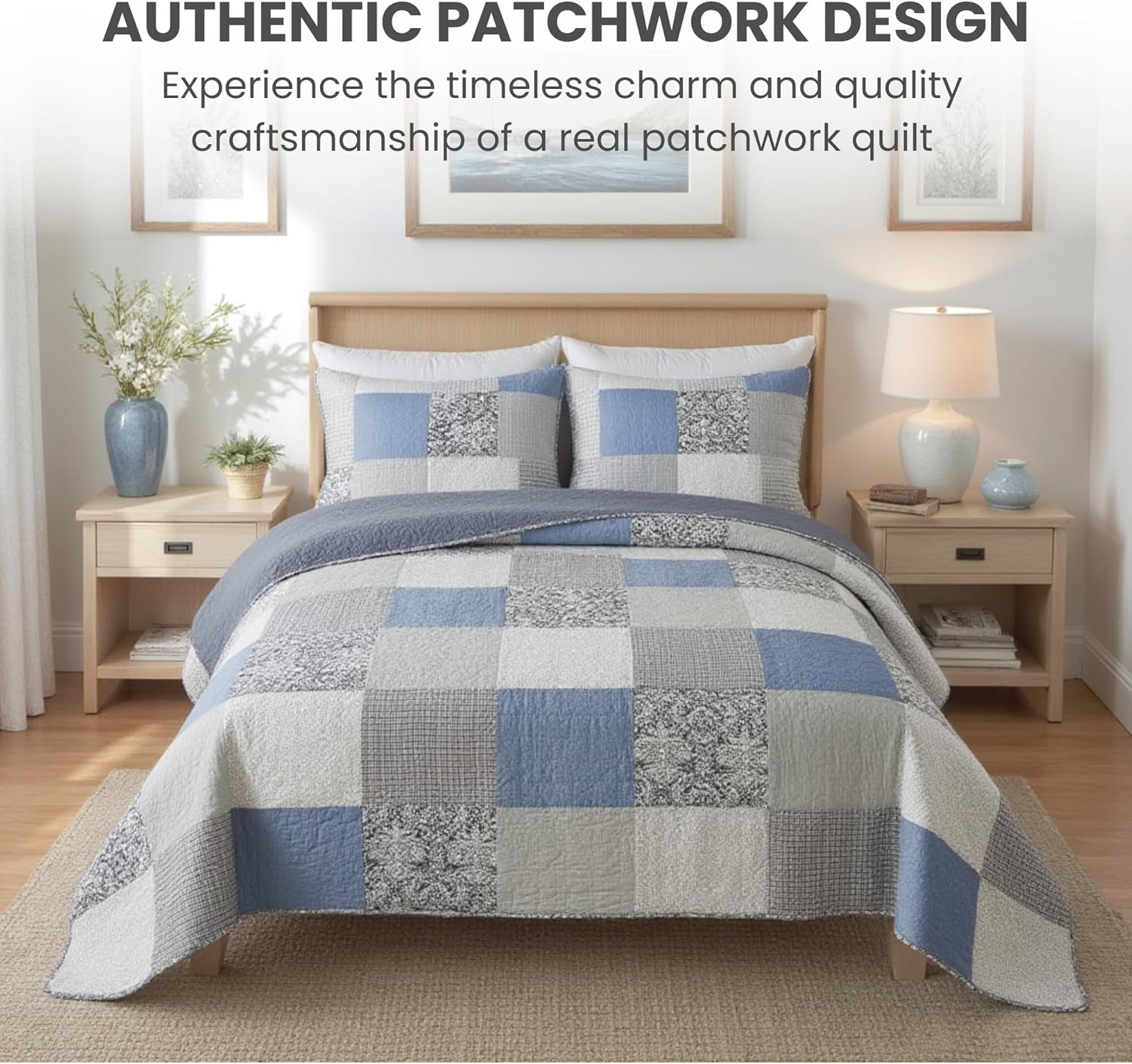 Sweet Dreams Cotton Quilt Set - King Size with 2 Shams, Pieced Patchwork Bedding in Blue and Gray, Country Style Farmhouse Quilted Bedspread