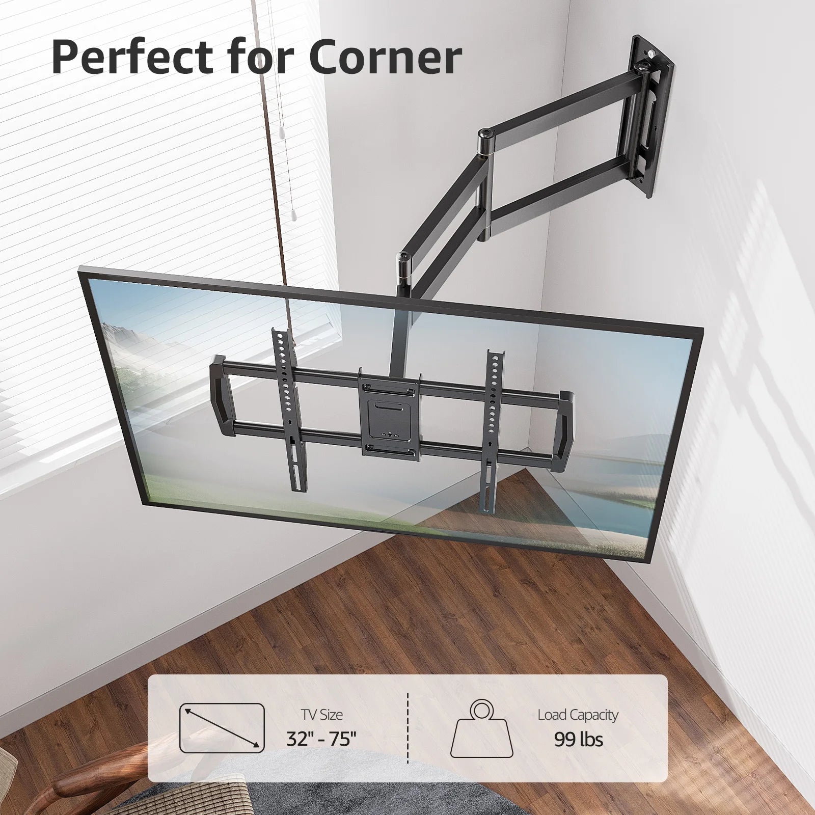 Full Motion Long Arm TV Wall Mount for 42"-75" Tvs, Corner TV Mount with 37.9" Extension Arm, TV Bracket with Articulating Swivel Tilt Single Stud, Max 600X400Mm, up to 99 Lbs