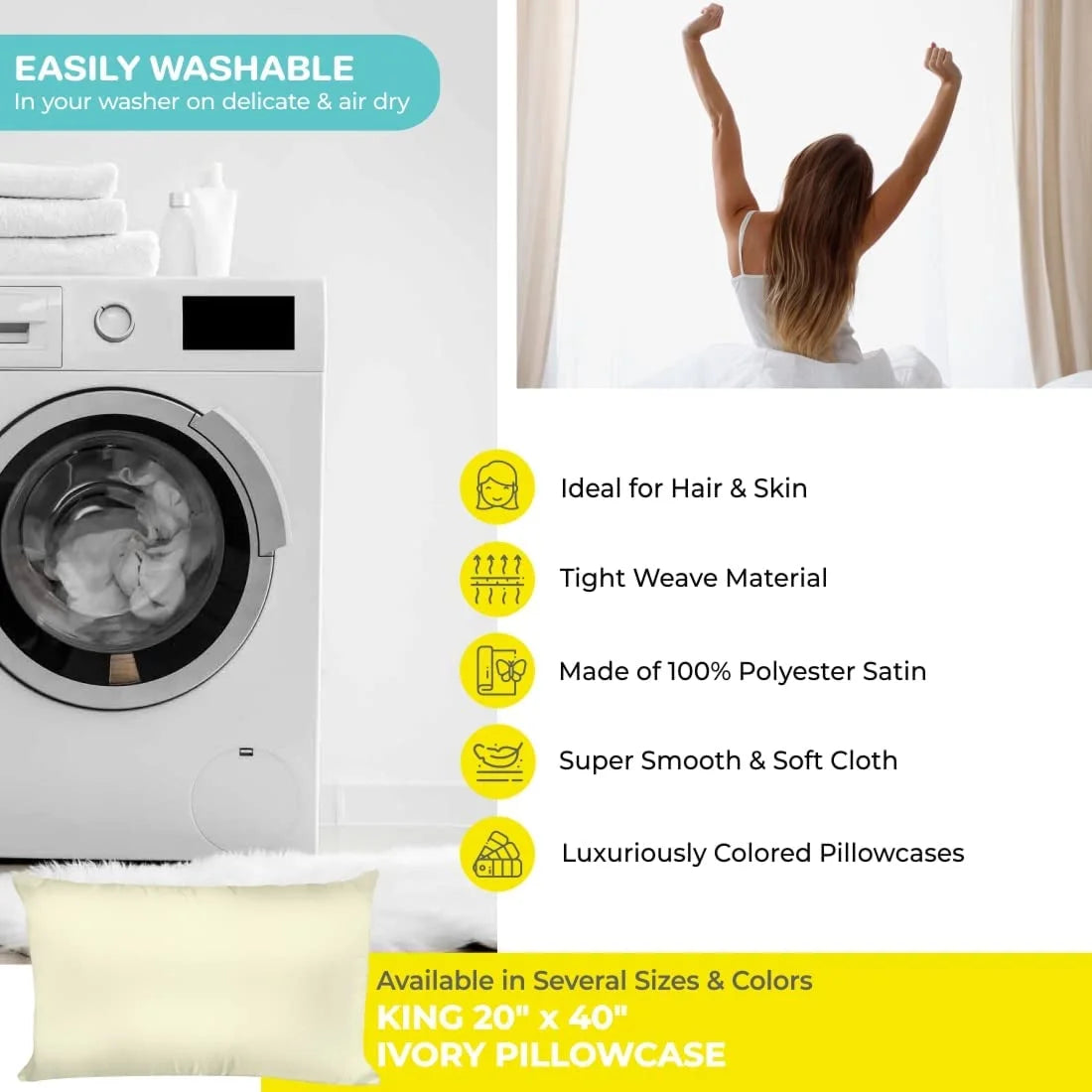 Satin Pillowcase for Hair and Face Beauty, King Size, 1 Pack, Ivory Beige