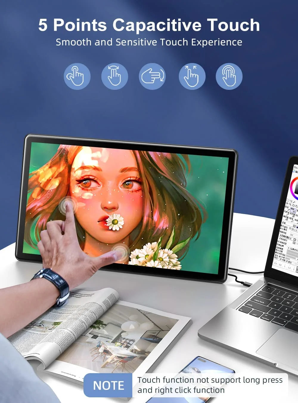 15.6" Portable Monitor Touchscreen W/ Kickstand, 2000:1 Contrast Ratio 1080P FHD Screen - Unify Y - Vertical Monitor