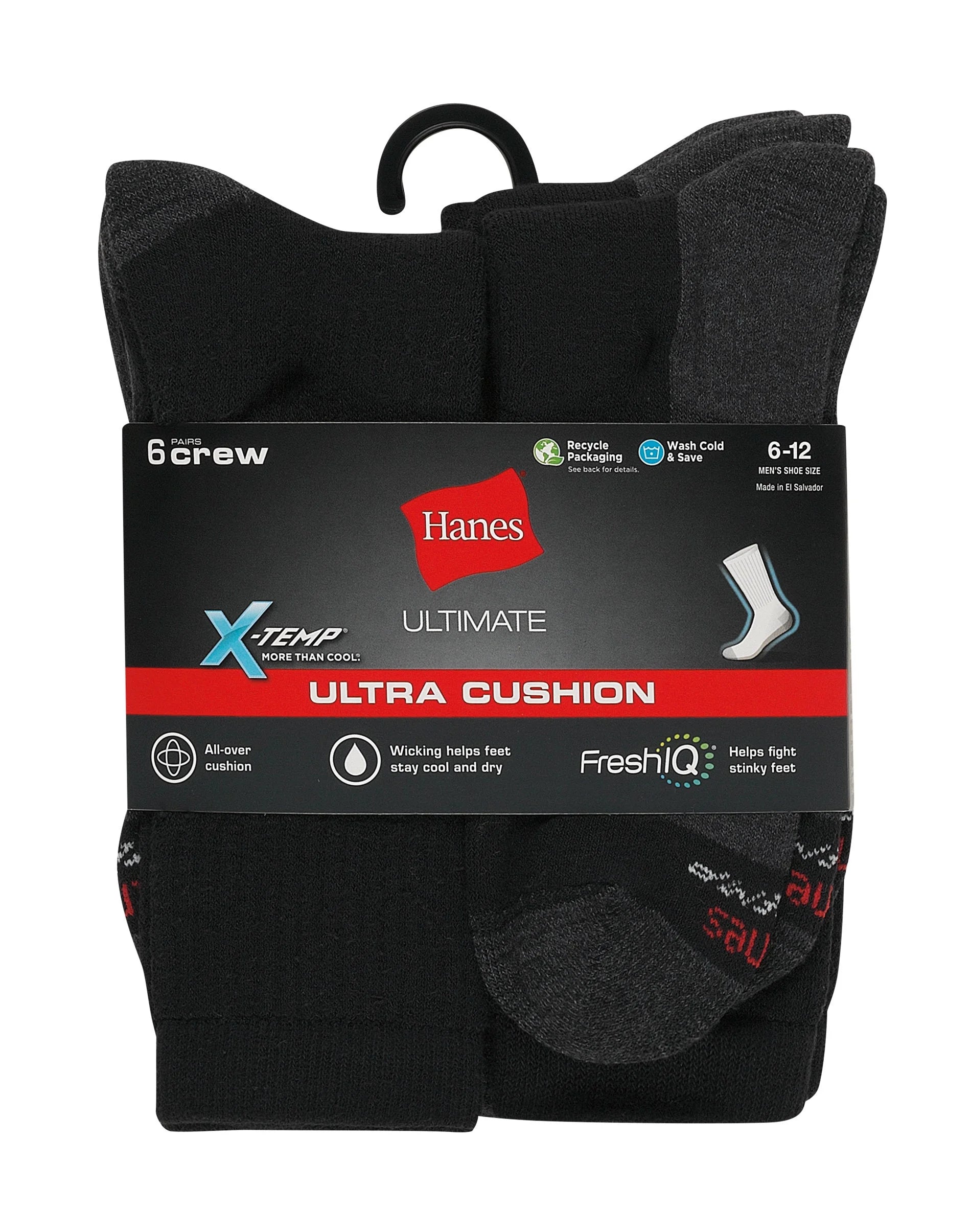Men'S  ULC186 Ultimate Ultra Cushion Crew Socks - 6 Pack (Black 6-12)