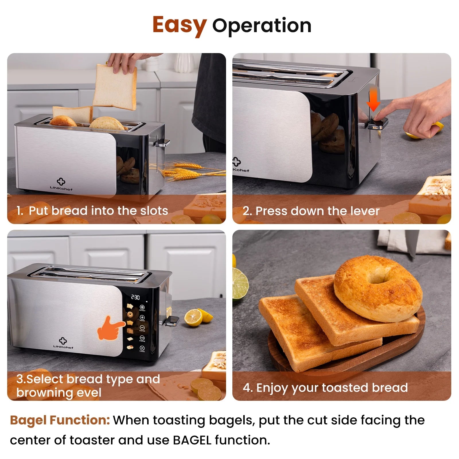 4-Slice Toaster – Touch Screen Control, Extra-Wide 1.5" Slots, Stainless Steel | Smart Toaster with Timer, Defrost & Reheat Functions