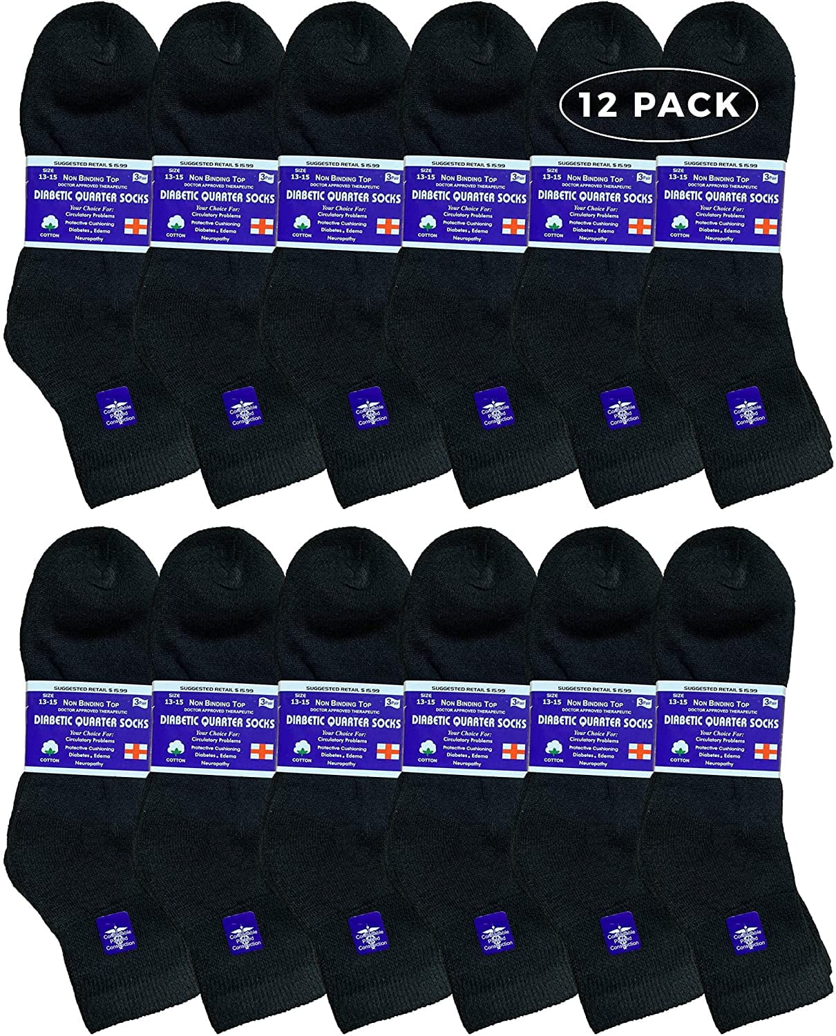 12 Pairs Value Pack of Men and Women Diabetic Nephropathy and Edema Ankle, Ring Spun Cotton Socks