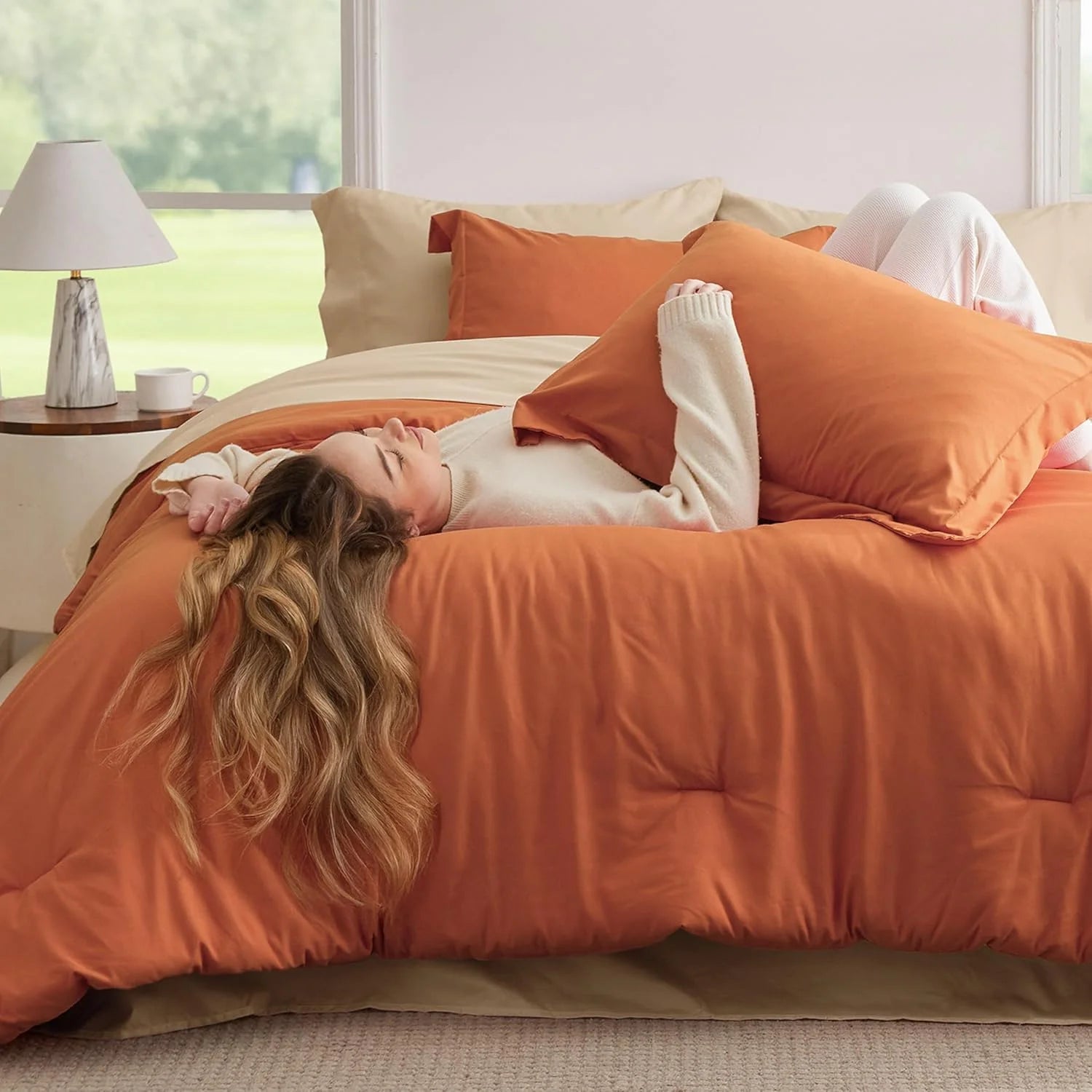 Cozy Comfort Full Size Comforter Set Burnt Orange, 7 Pieces Soft Bedding Sets with Comforter, Sheets, Pillowcases & Shams, All Season Boho Bed in a Bag Full Size, 80GSM