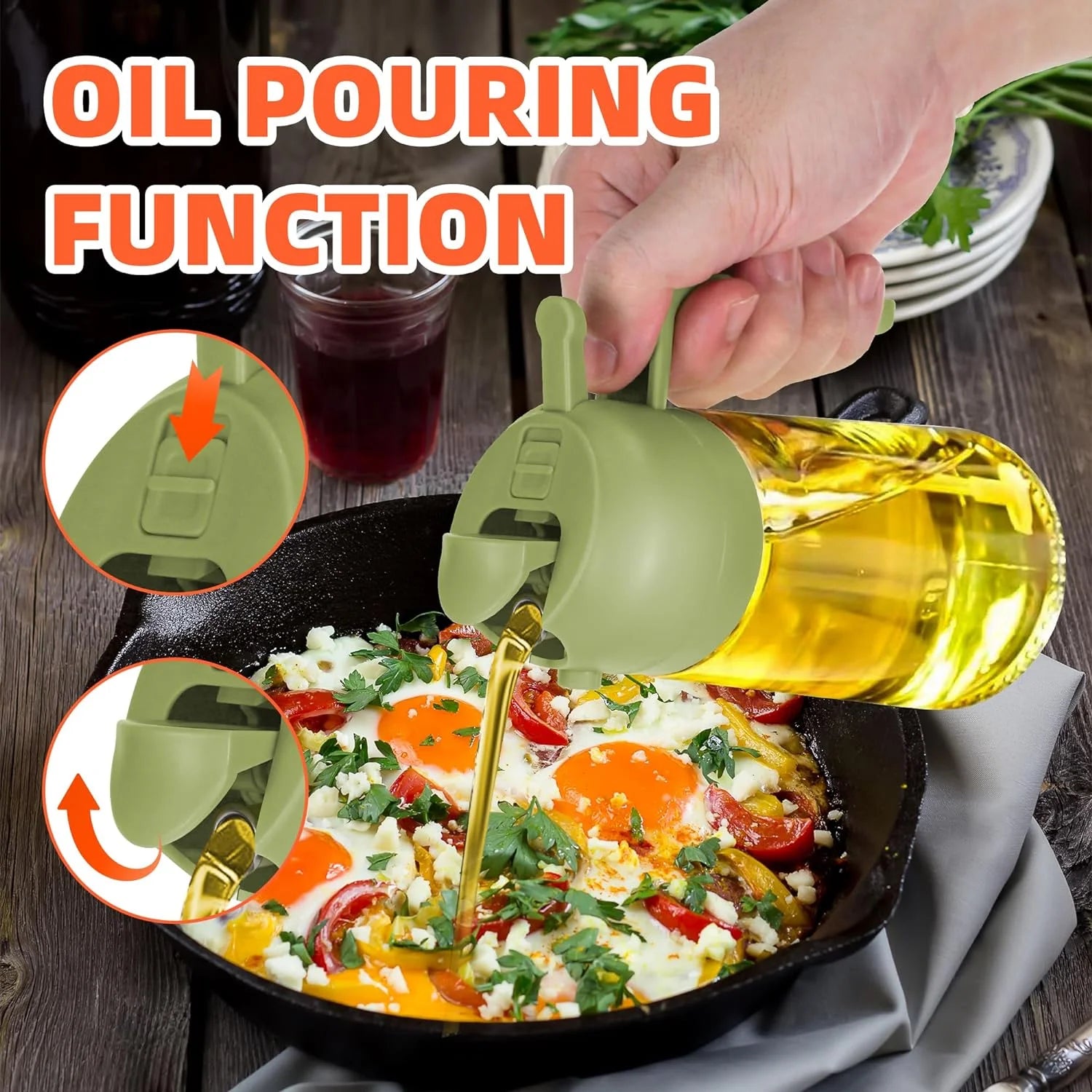 Oil Sprayer for Cooking, 2 in 1 Olive Oil Dispenser Bottle for Kitchen, 16Oz/470Ml Premium Glass Oil Bottle, Food-Grade Oil Mister for Air Fryer, Salad, Frying, BBQ (Green)