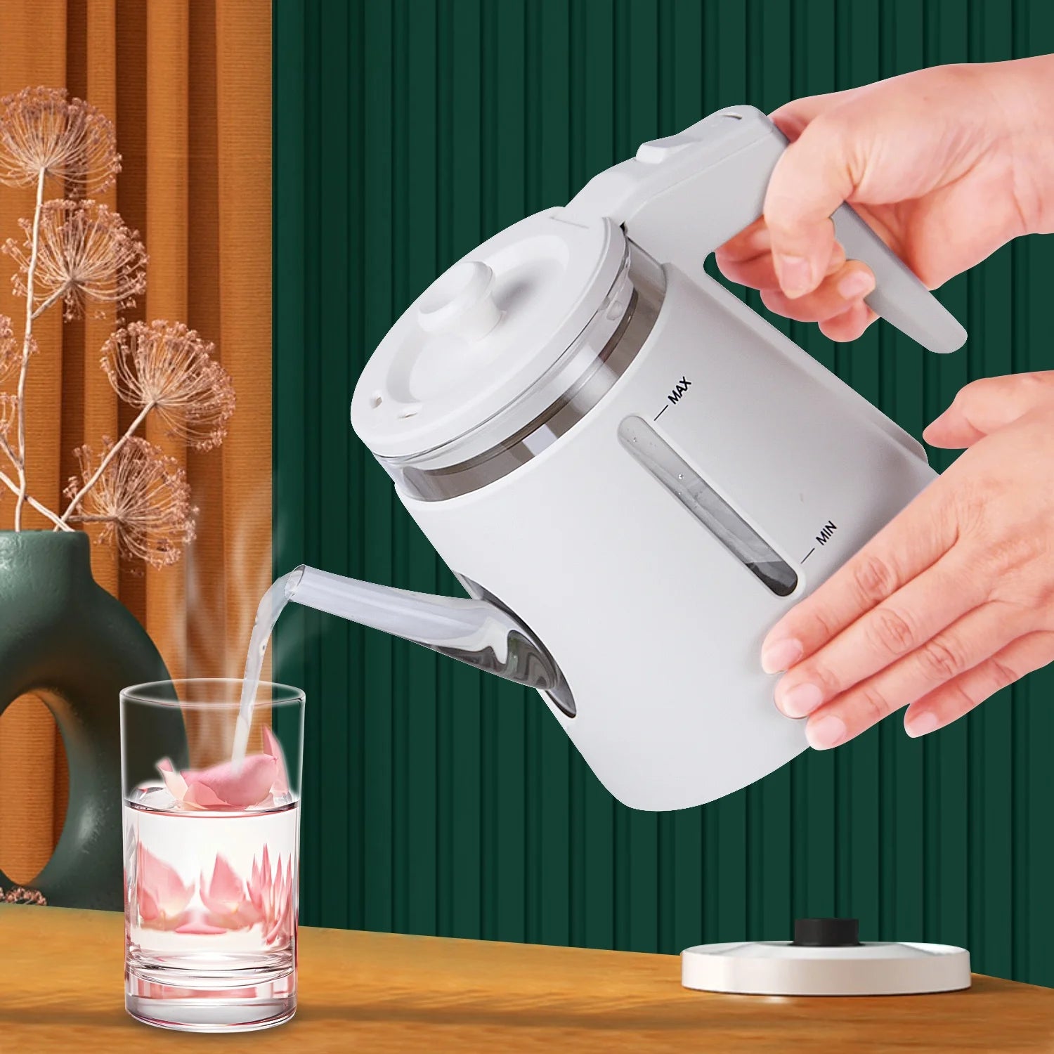 Small Electric Tea Kettle Stainless Steel, 1L Portable Mini Hot Water Boiler Heater, 900 Watts Travel Electric Coffee Kettle (White)