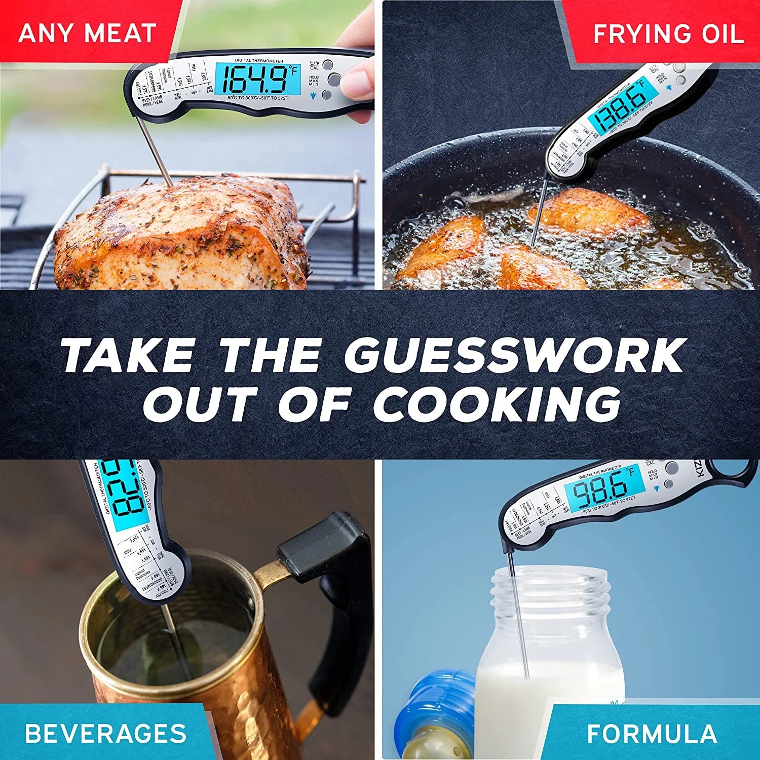 Digital Meat Thermometer with Probe - Kitchen Food Thermometer - Black/White