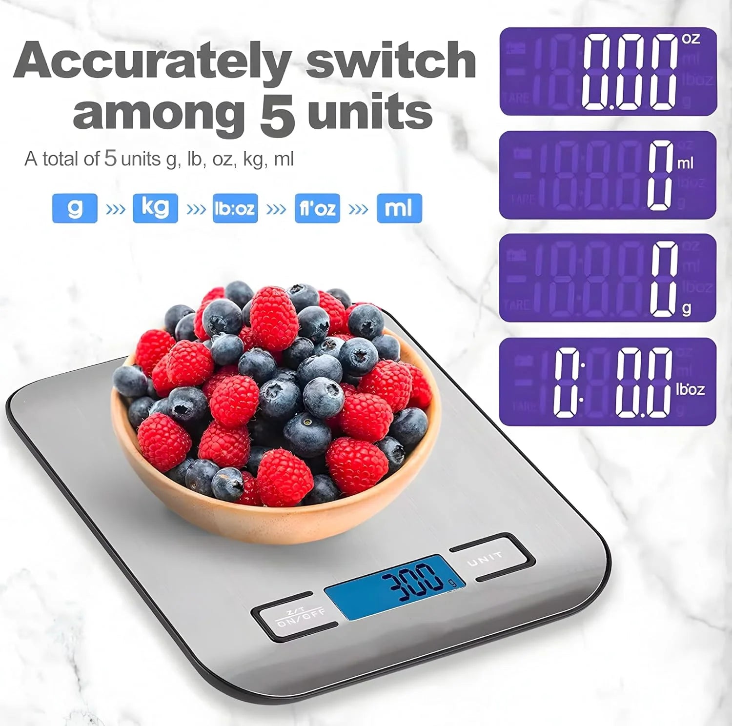 Food Scale Digital Kitchen Scale with 1G/0.05Oz Precise Graduation, 5 Units LCD Display Scale for Cooking/Baking in KG, G, Oz, Ml, and Lb, Easy Clean Stainless Steel and Tempered Glass