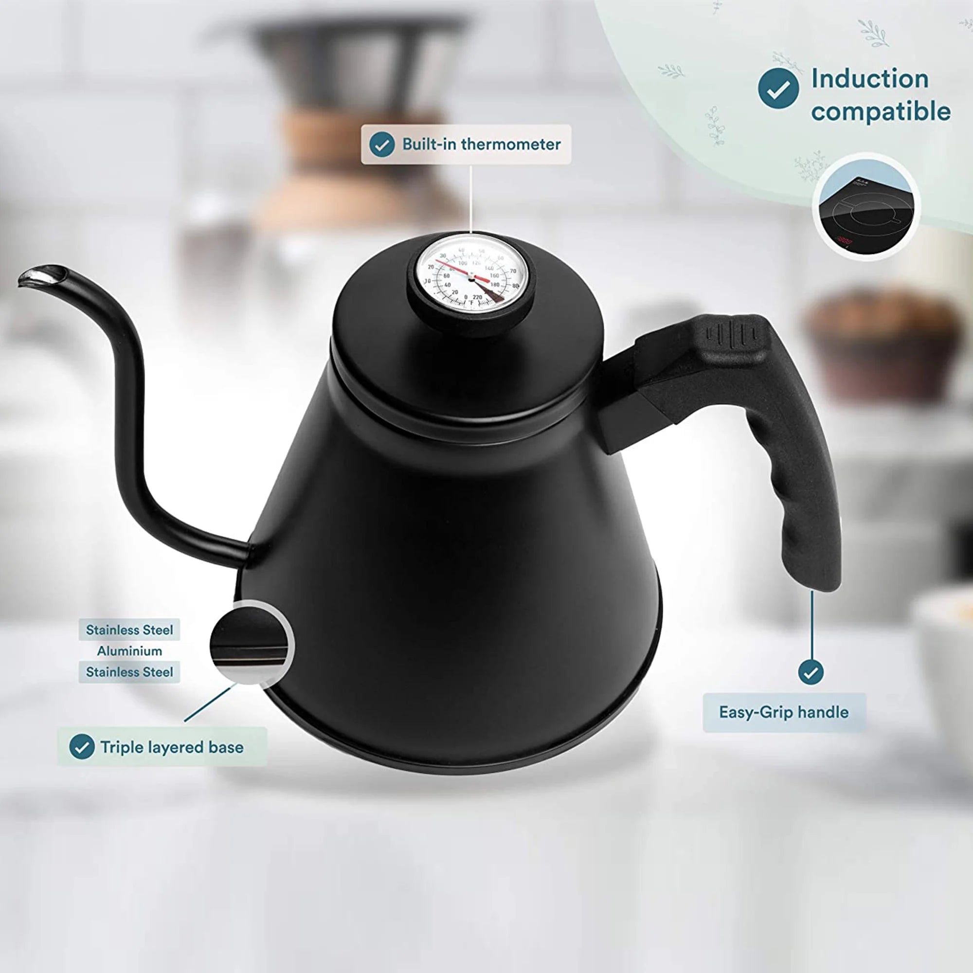 27 Oz Stainless Steel Stove Top Gooseneck Kettle with Temperature Thermometer