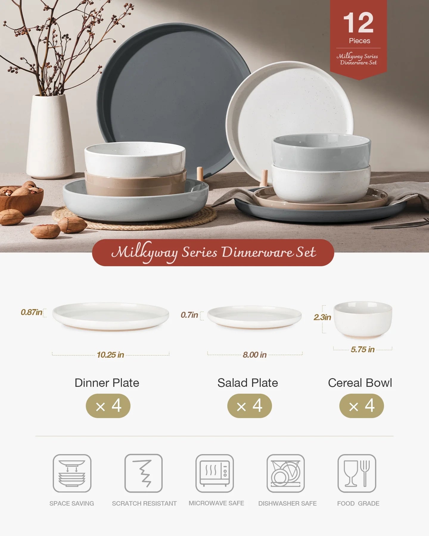 Plates and Bowls Set, 12 Piece Stoneware Dinnerware Sets, Multicolor