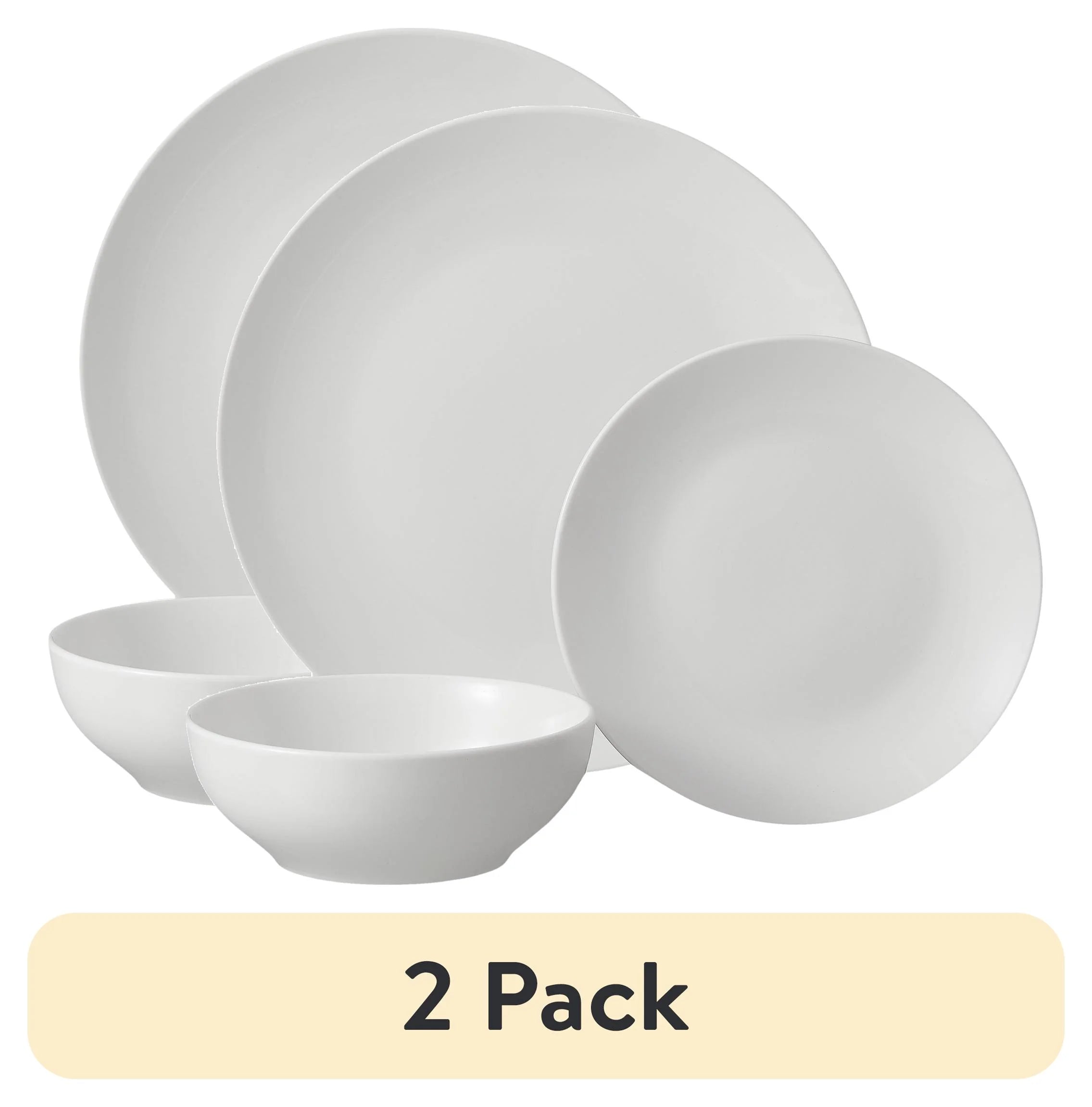 (2 Pack)  Glazed White Stoneware Dinnerware Set, 12-Pieces