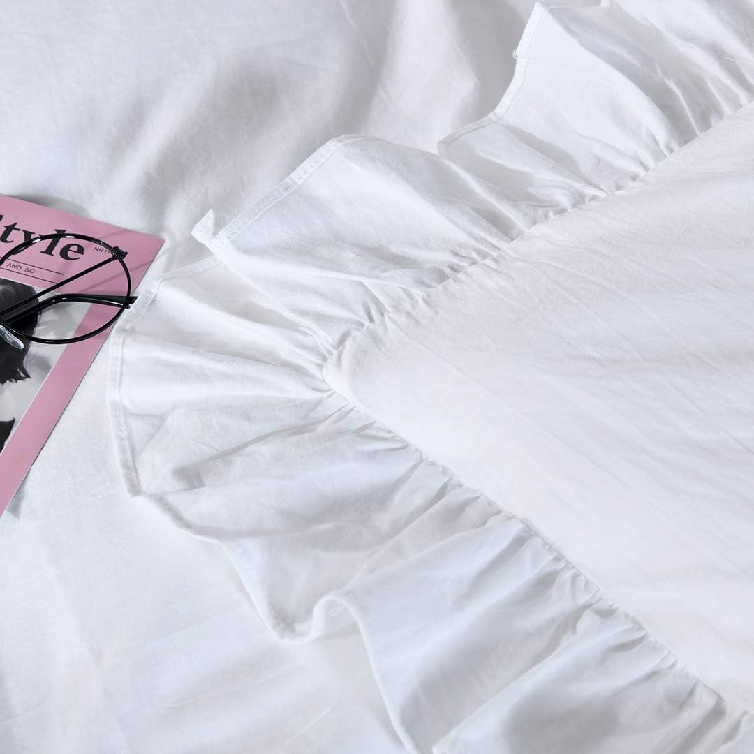 Washed Cotton Ruffled King Duvet Cover Set,Vintage White Shabby Boho Chic Ruffle Farmhouse Bedding Comforter Quilt Cover 3 Pieces Aesthetic French Country Cottage King Bedding