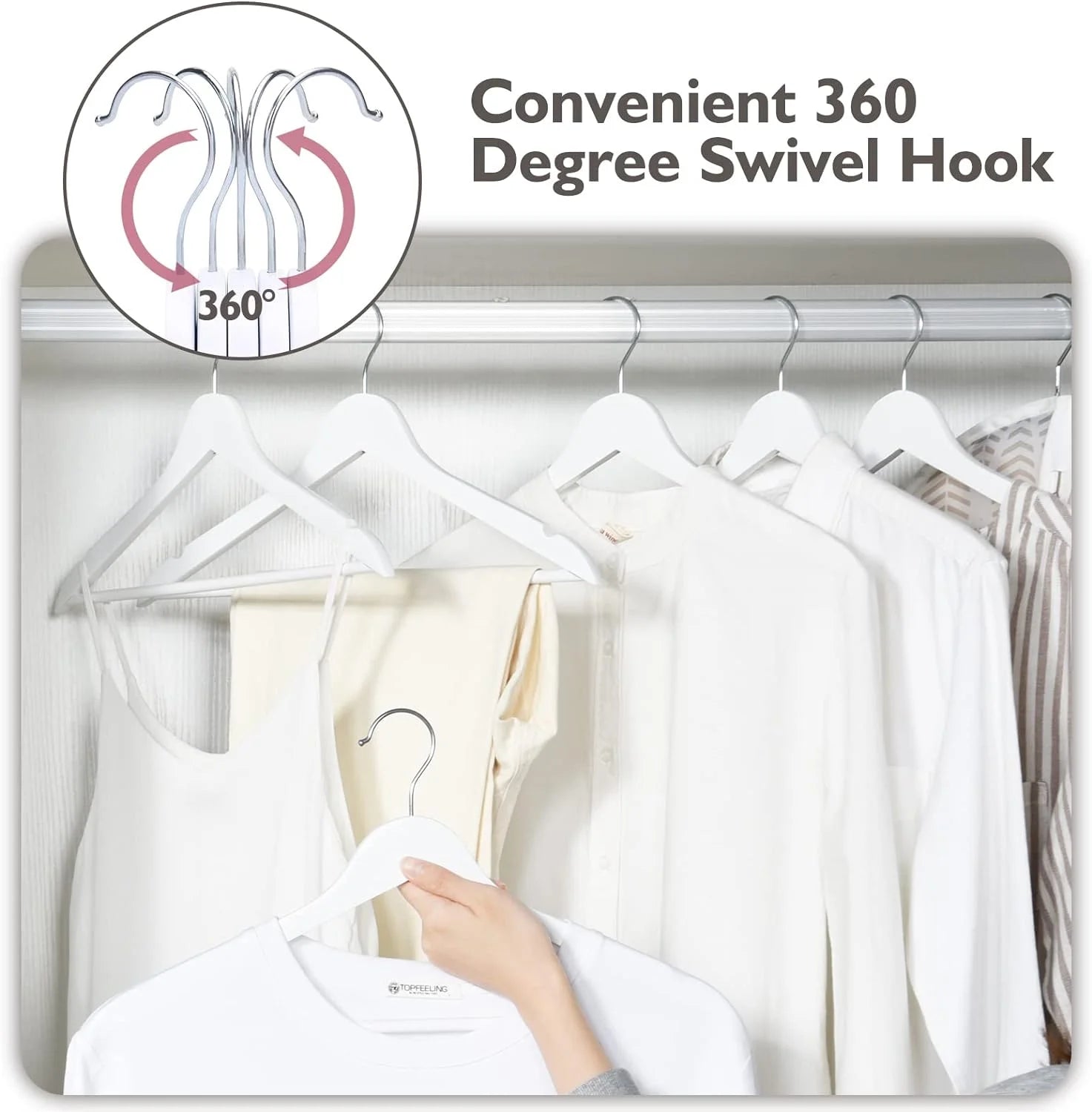 White Wooden Hangers 20 Pack, Natural Solid Wood Hangers with Smooth Finish, Non-Slip Pant Bar & 360° Swivel Hook