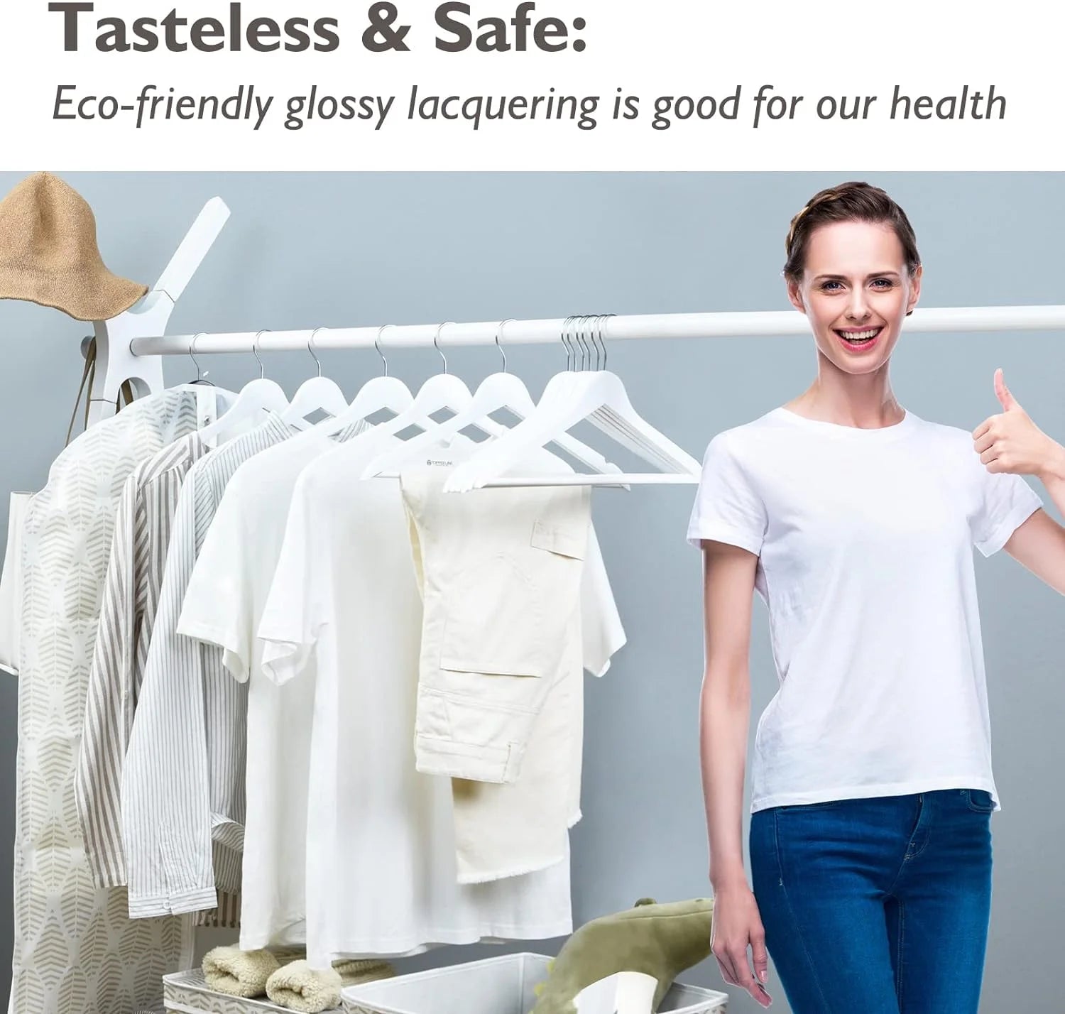 White Wooden Hangers 20 Pack, Natural Solid Wood Hangers with Smooth Finish, Non-Slip Pant Bar & 360° Swivel Hook