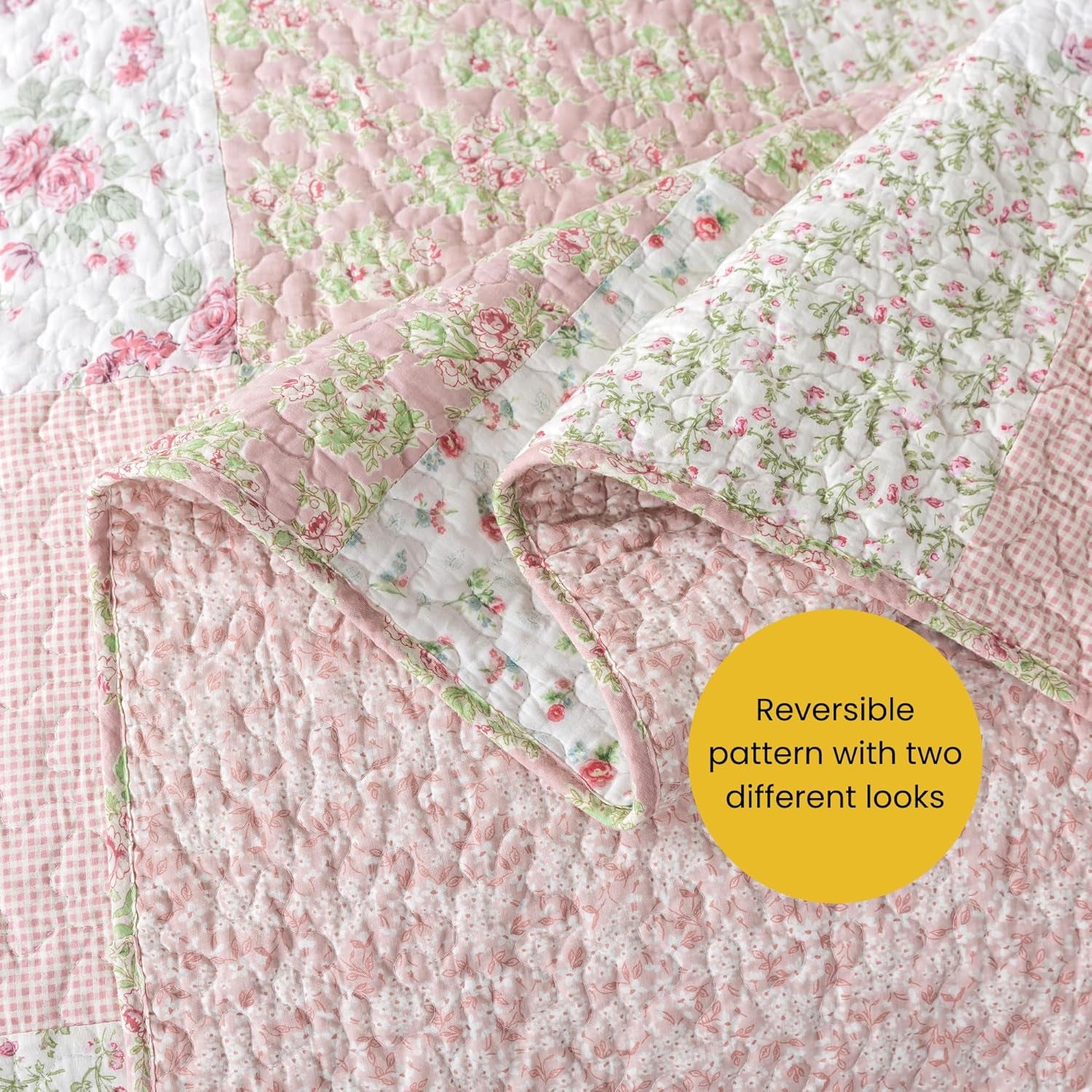 Blush Bloom Cotton Quilt Set - Queen Size with 2 Shams, Floral Patchwork Quilted Comforter, Lightweight Country Pieced Bedspread in Blush and Pink, Roses Patch Work Bedding