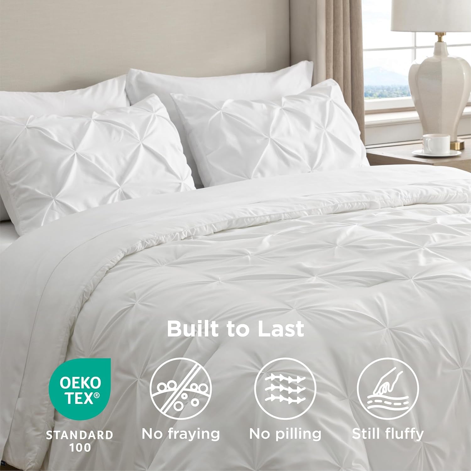 King Size Comforter Set White - Bed in a Bag King Size 7 Pieces, Gentlesoft™ Pintuck Bed Set Gift for Family, Pinch Pleat White Comforter with Sheets, Pillowcases & Shams