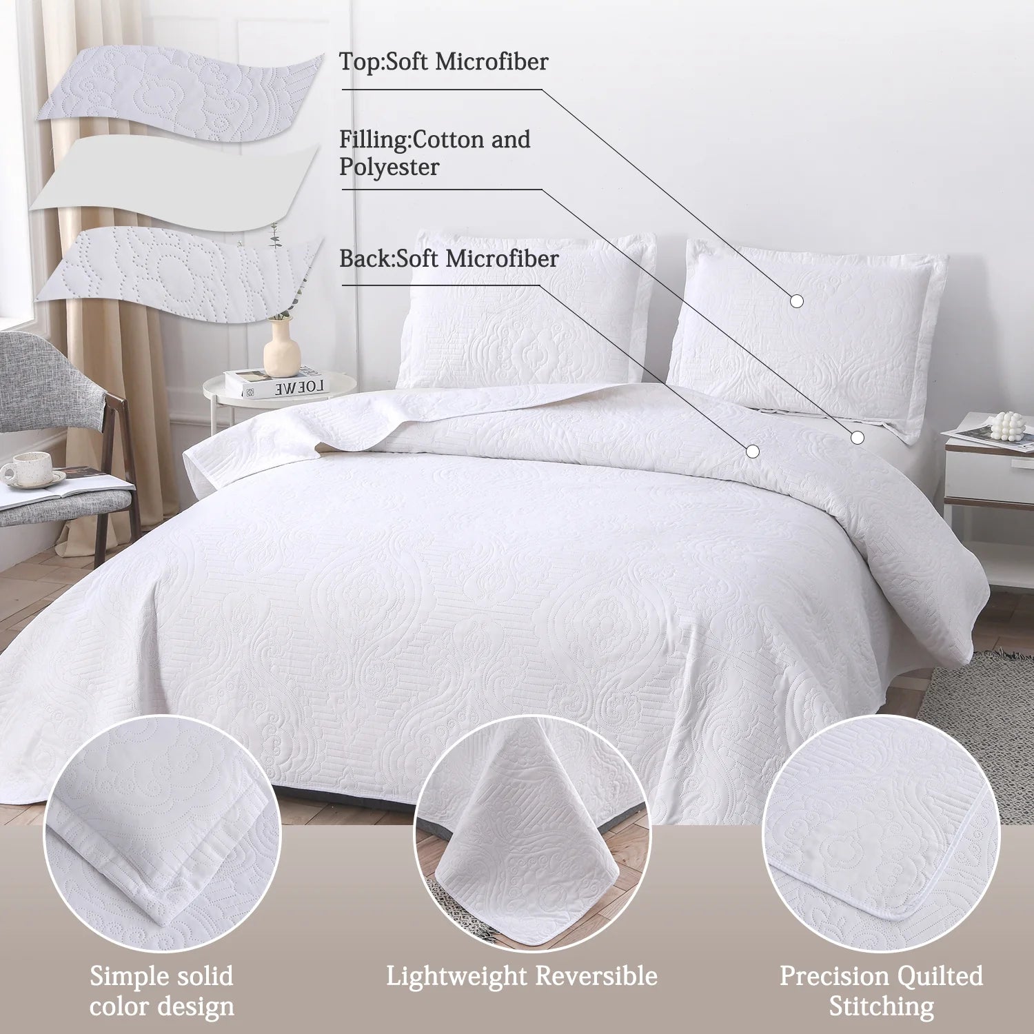 Quilt Set King White Solid Quilt Floral Microfiber Bedspread Coverlet