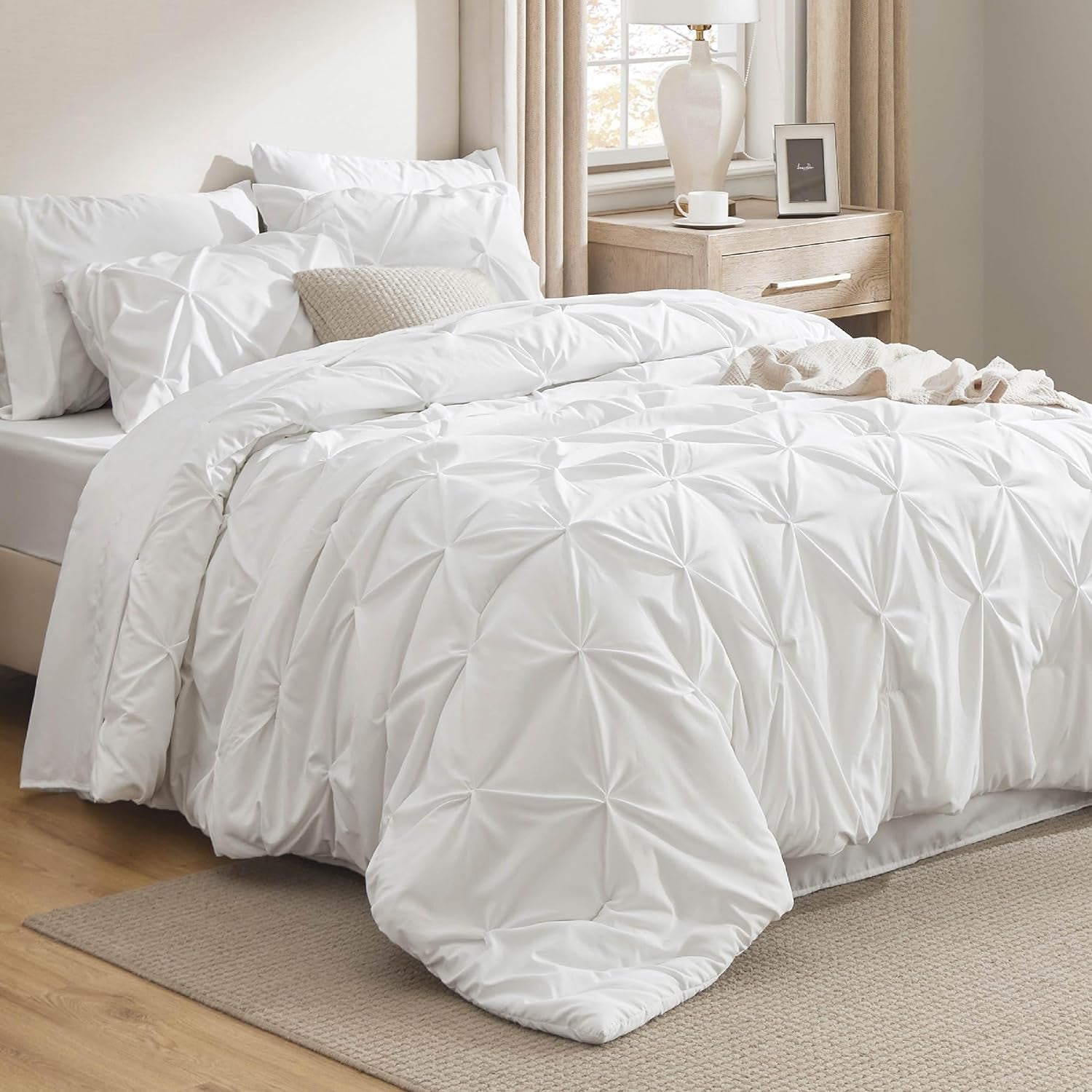 King Size Comforter Set White - Bed in a Bag King Size 7 Pieces, Gentlesoft™ Pintuck Bed Set Gift for Family, Pinch Pleat White Comforter with Sheets, Pillowcases & Shams