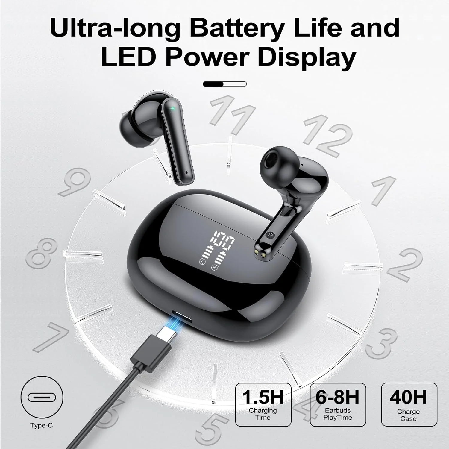 Wireless Ear Buds 48H Playtime Bluetooth Ear Buds Stereo Bluetooth Headphones LED Display IPX7 Waterproof In-Ear Earphones with Mic for TV Smart Phone Laptop Computer Sports