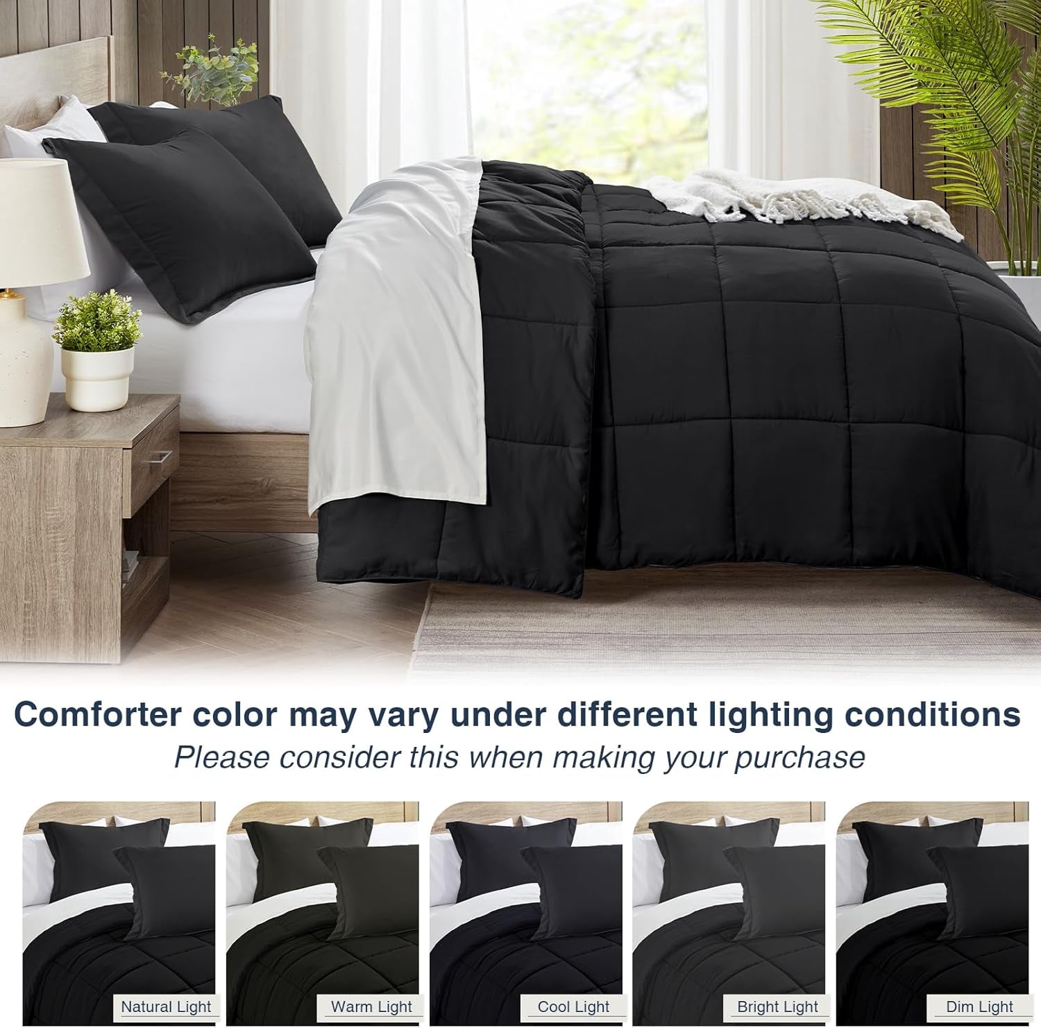 Oversized Queen Comforter Set, Black Bedding Comforters Oversized Queen, 3 Pieces down Alternative Bed Comforter Lightweight, Soft Bed Set Breathable Solid Black All Season Bedding Sets
