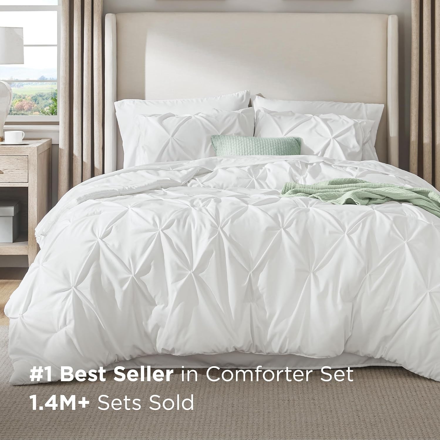 King Size Comforter Set White - Bed in a Bag King Size 7 Pieces, Gentlesoft™ Pintuck Bed Set Gift for Family, Pinch Pleat White Comforter with Sheets, Pillowcases & Shams