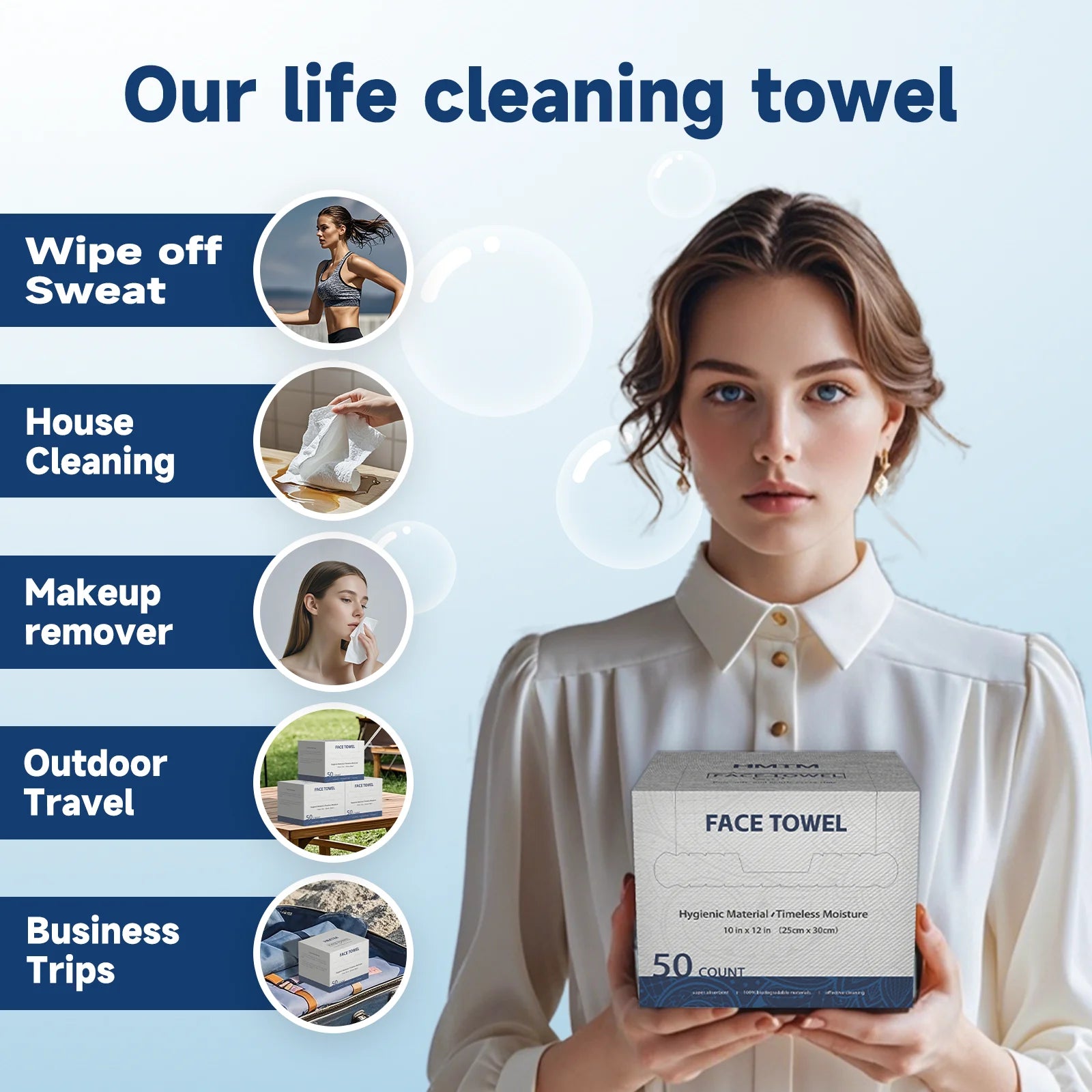 Disposable Face Towel, 10” X 12”, 100% Viscose Fibre, Disposable Face Towels for Women Cleansing Sensitive Skin, 50 Count（1 Pack）