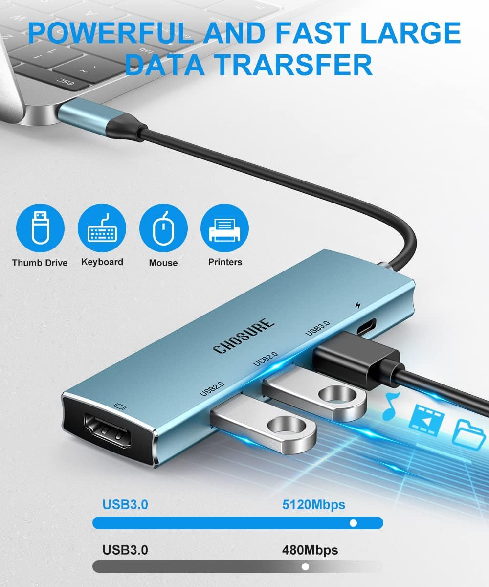 USB C Hub, 5 in 1 USB C Splitter Thunderbolt 3 Hub to 4K HDMI Adapter for Macbook, 3 USB Ports, 100W PD Charger,  Type C Dongle Compatible with Macbook,And More Type C All (Light Blue)