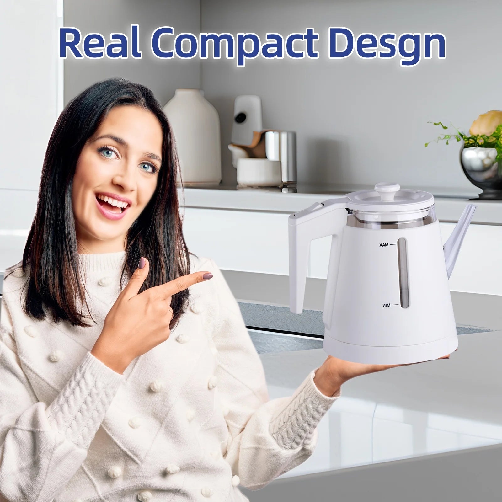 Small Electric Tea Kettle Stainless Steel, 1L Portable Mini Hot Water Boiler Heater, 900 Watts Travel Electric Coffee Kettle (White)