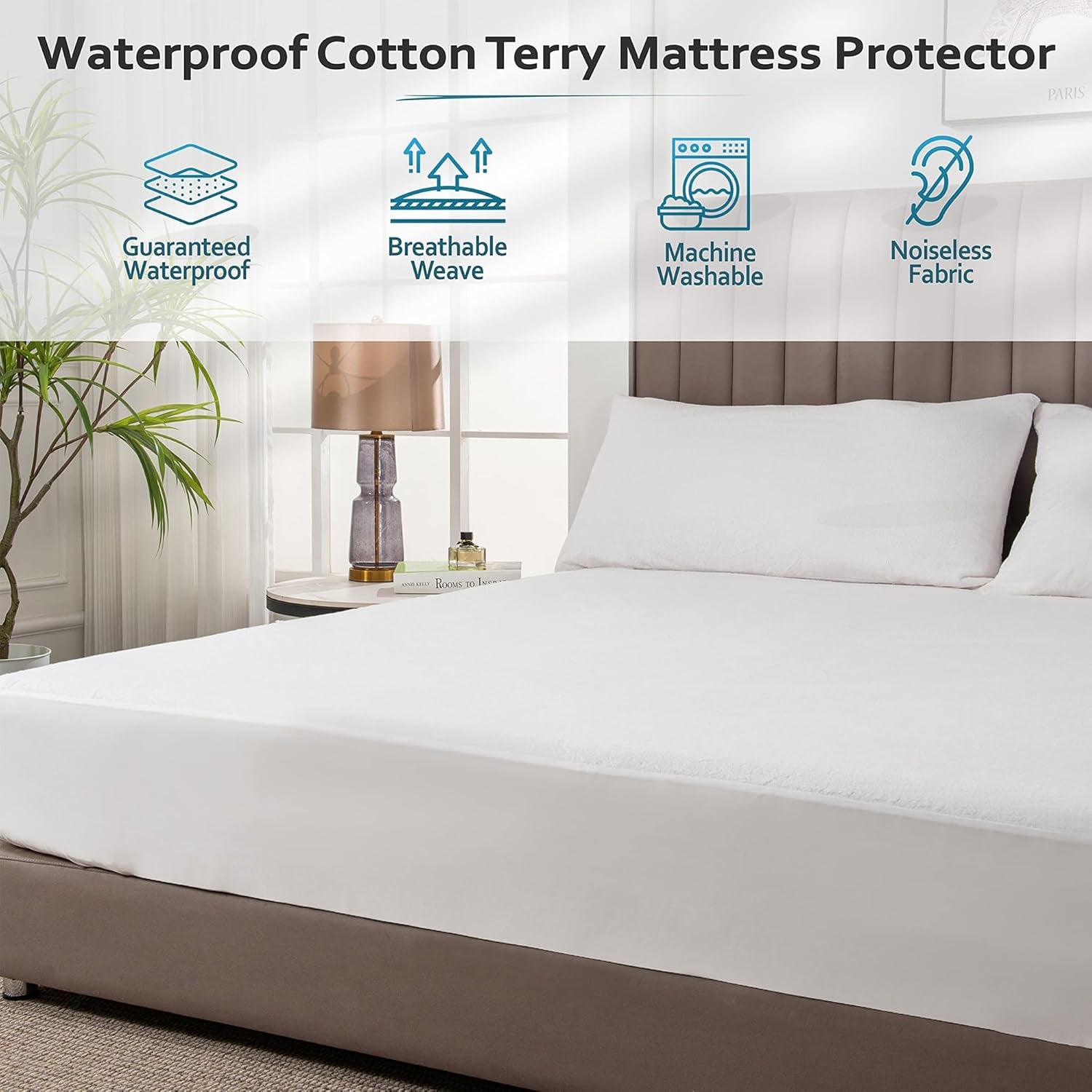 King Mattress Protector, Breathable Soft Terry Cotton Fitted Sheet Bed Cover with Deep Stretchable Pockets, 100% Waterproof, Noiseless, Hypoallergenic, Dust Mite Proof, 76"X80"X15"