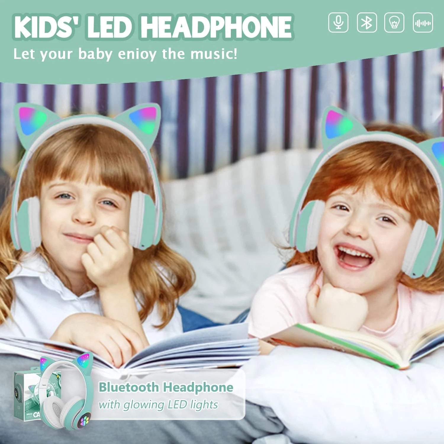 Kids Headphones with Microphone/Rgb LED Light Up, Cat Ear Bluetooth Headphones, Foldable Stereo Over-Ear Headphones for Kids Tablet/School/Pad/Smartphone, Xmas Gift (Green)