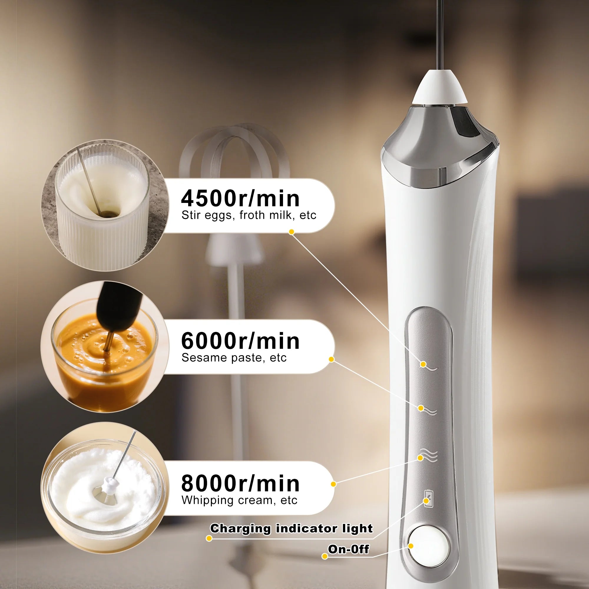 Electric Milk Frother, Rechargeable Handheld Electric Milk Frother with 2 Heads and 3 Speeds, White