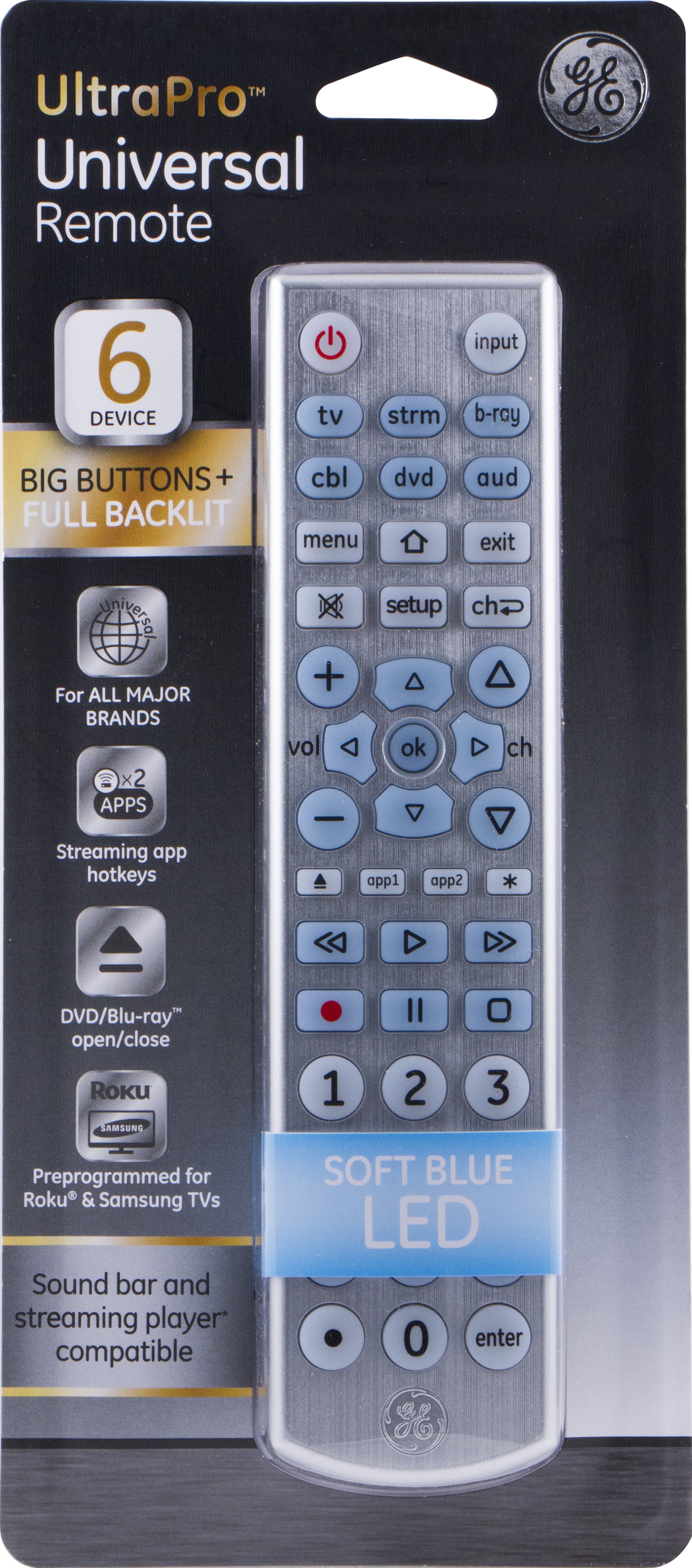 6-Device Backlit Big Button Universal TV Remote Control in Silver, 33712