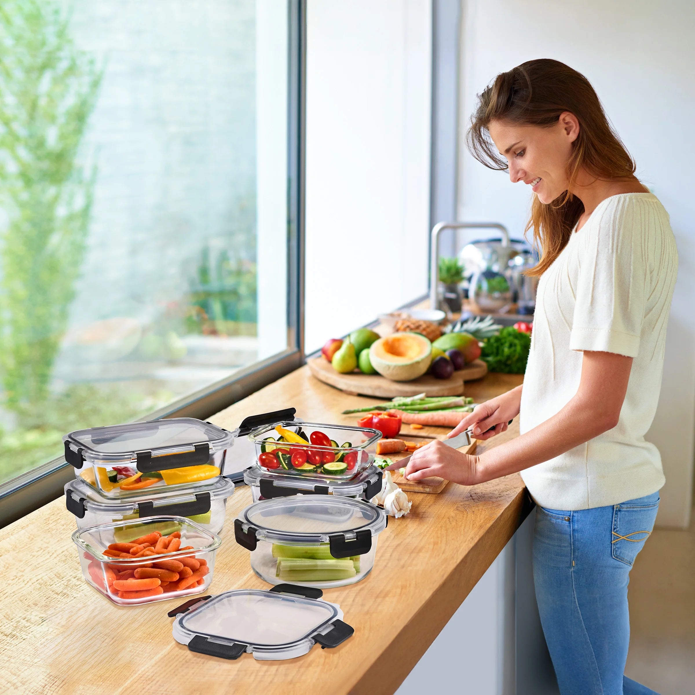 round Glass Meal Prep Containers Set of 8 with Airtight Lids (16Pcs)