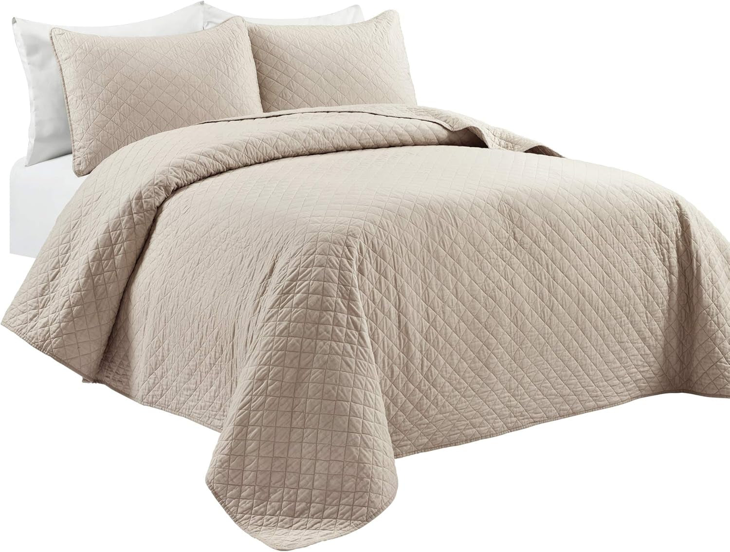 Ava Quilt Diamond Pattern Solid 3 Piece Oversized Bedding Blanket Bedspread Set - King - Neutral