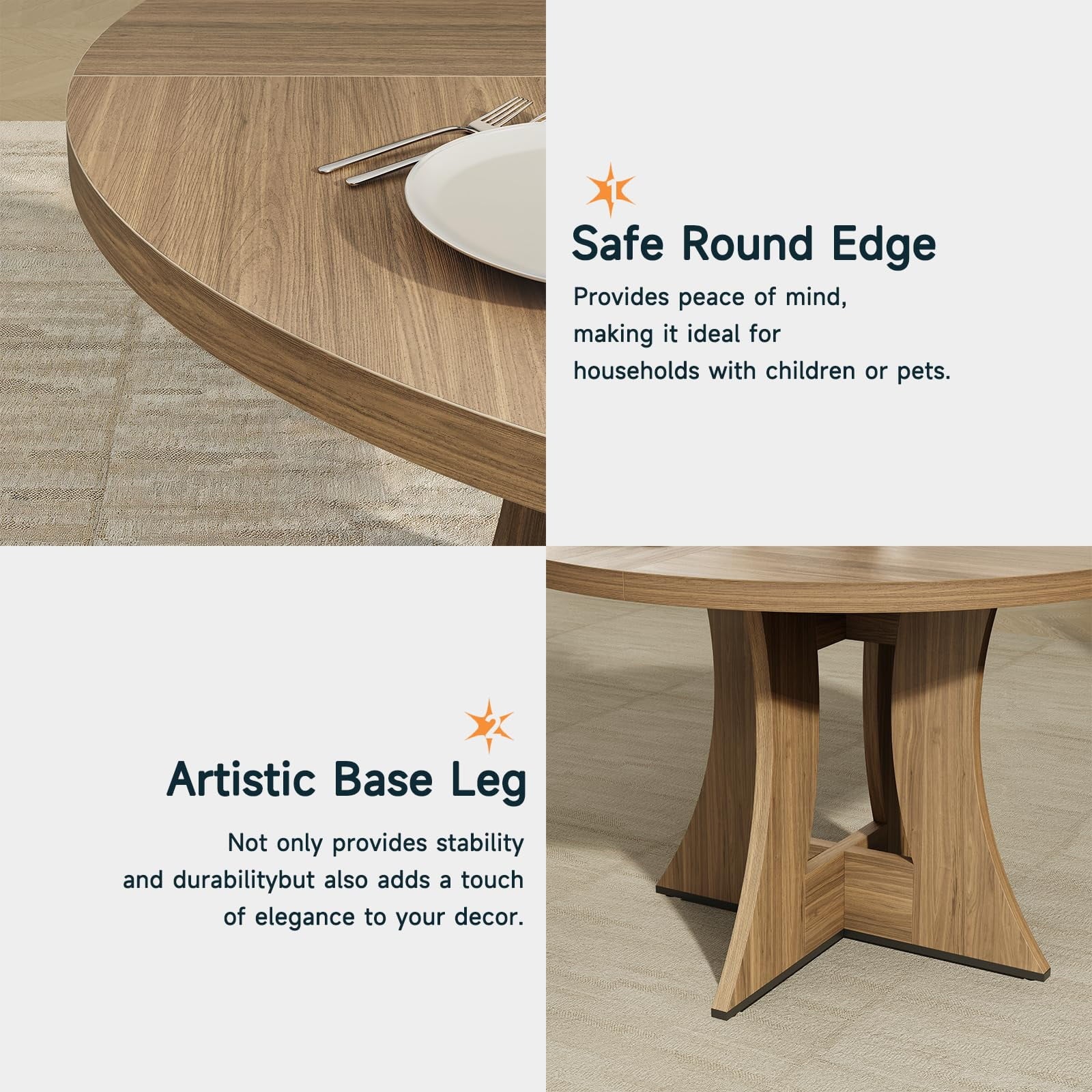 round Dining Table for 4 Persons 47" Kitchen Table for Dining Room Kitchen, Walnut (Only Table)