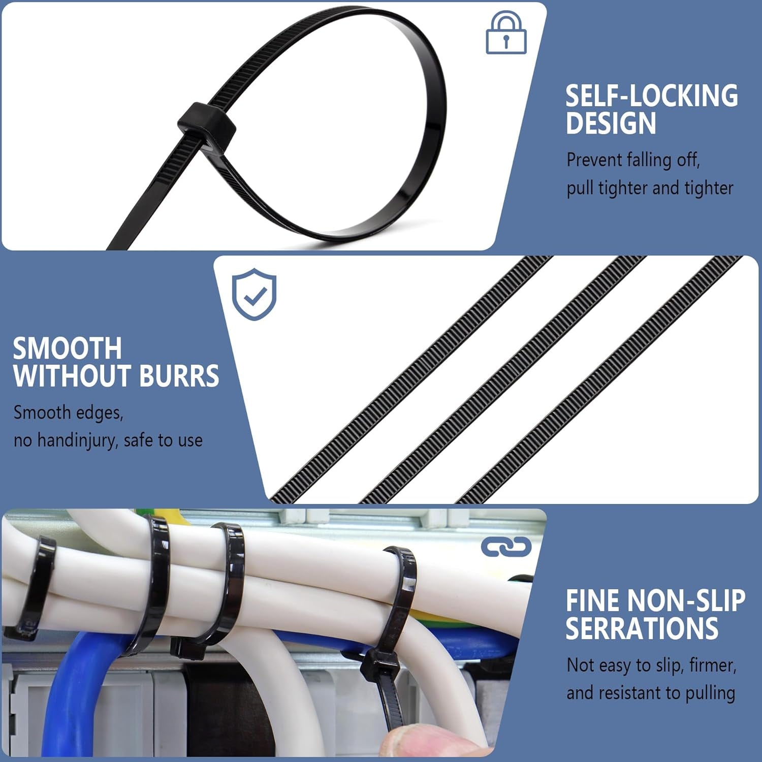 200Pcs Zip Ties 8 Inch Black, Heavy Duty Zip Tie, 50Lb Strength Cable Ties, Industrial Nylon Wire Tie Wraps for Garage and Workshop.