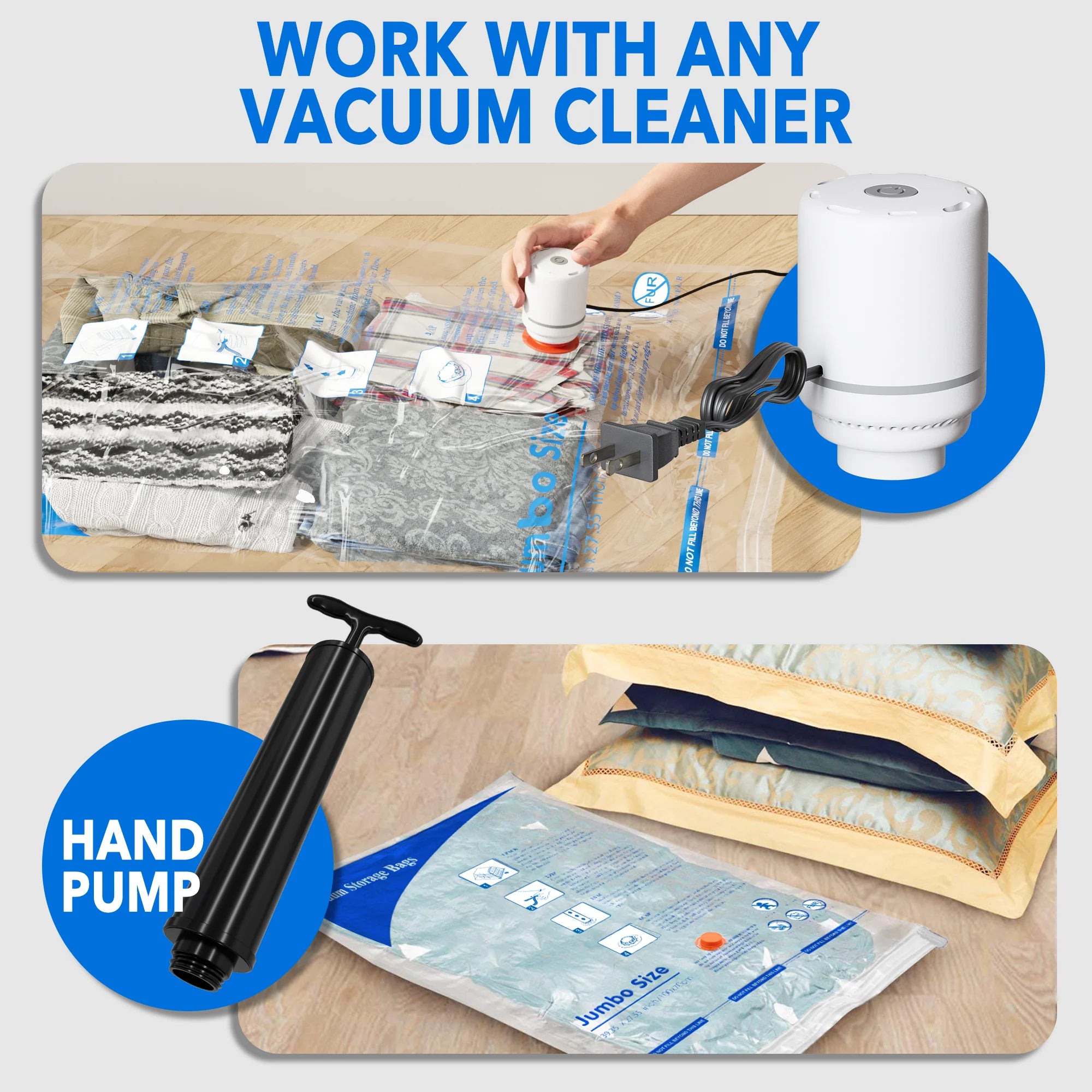 24 Pack Vacuum Storage Bags with Electric Pump, 5 Jumbo, 5 Large, 5 Medium, 5 Small, 4 Roll up Bags