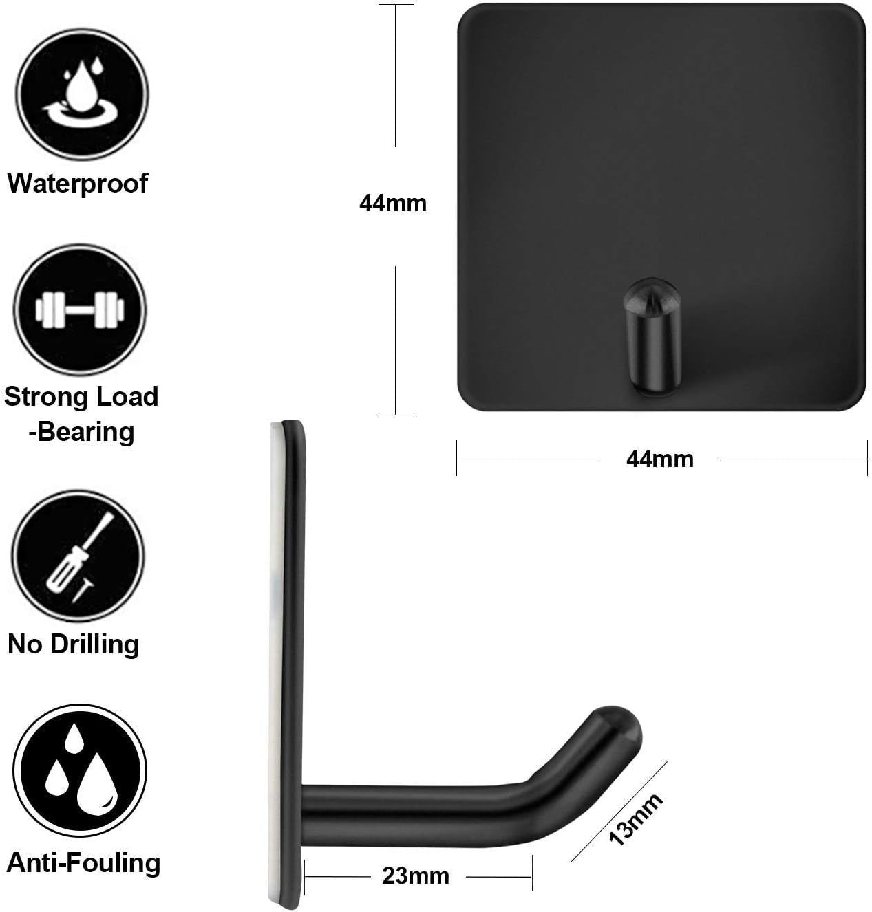Adhesive Hooks, Self Adhesive Black Wall Mount Hanger Heavy Duty Rugged 304 Stainless Steel Hooks for Robe Coat Towel, Strong Sticky Hanging Hooks for Doors Kitchen Bathrooms Office, 4 Packs