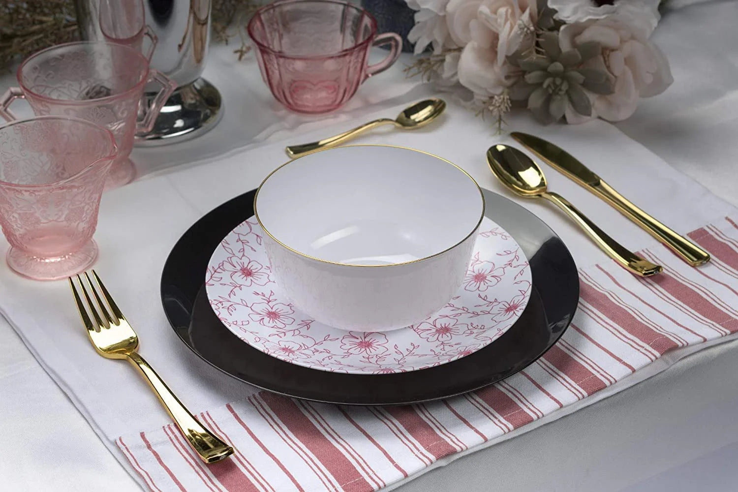 Wedding Dinner Combo 60 Piece Heavy Duty Plastic Disposable Dinnerware Set. Includes 20 Dinner Plates, 20 Appetizer/Dessert Plates & 20 Soup Bowls - Flora Design