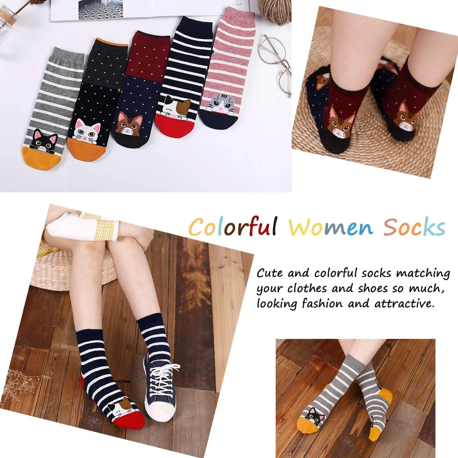 Womens Socks,  Crazy Funny Cute Socks for Women, Novelty Cartoon Dog Cat Animal Soft Cotton Crew Socks for Women Ladies, 5 Pairs